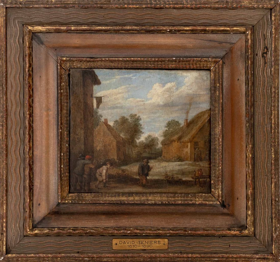 Circle of David Teniers the Younger Village Scene: Circle of David Teniers the Younger (Flemish, 1610-1690), Peasants Bowling on the Village Green, Oil on Canvas, 18th century, inscribed in French and dated "1786" verso, giltwood frame. Image: 5.75" H