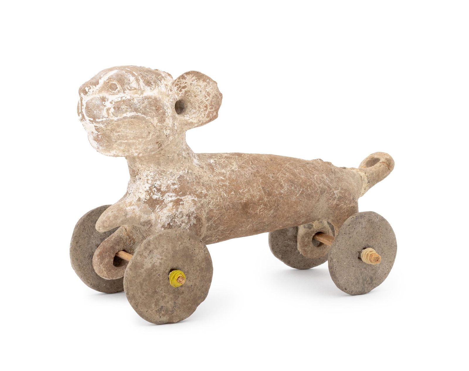 Olmec Pre-Columbian Jaguar Form Pottery Effigy: Olmec Pre-Columbian Jaguar Form Pottery Effigy Sculpture, probably Veracruz, Mexico, with four wheels. Overall: 5.25" H x 7.25" W x 4" D. Provenance: From an Upper West Side Estate. Keywords: Mesoamer