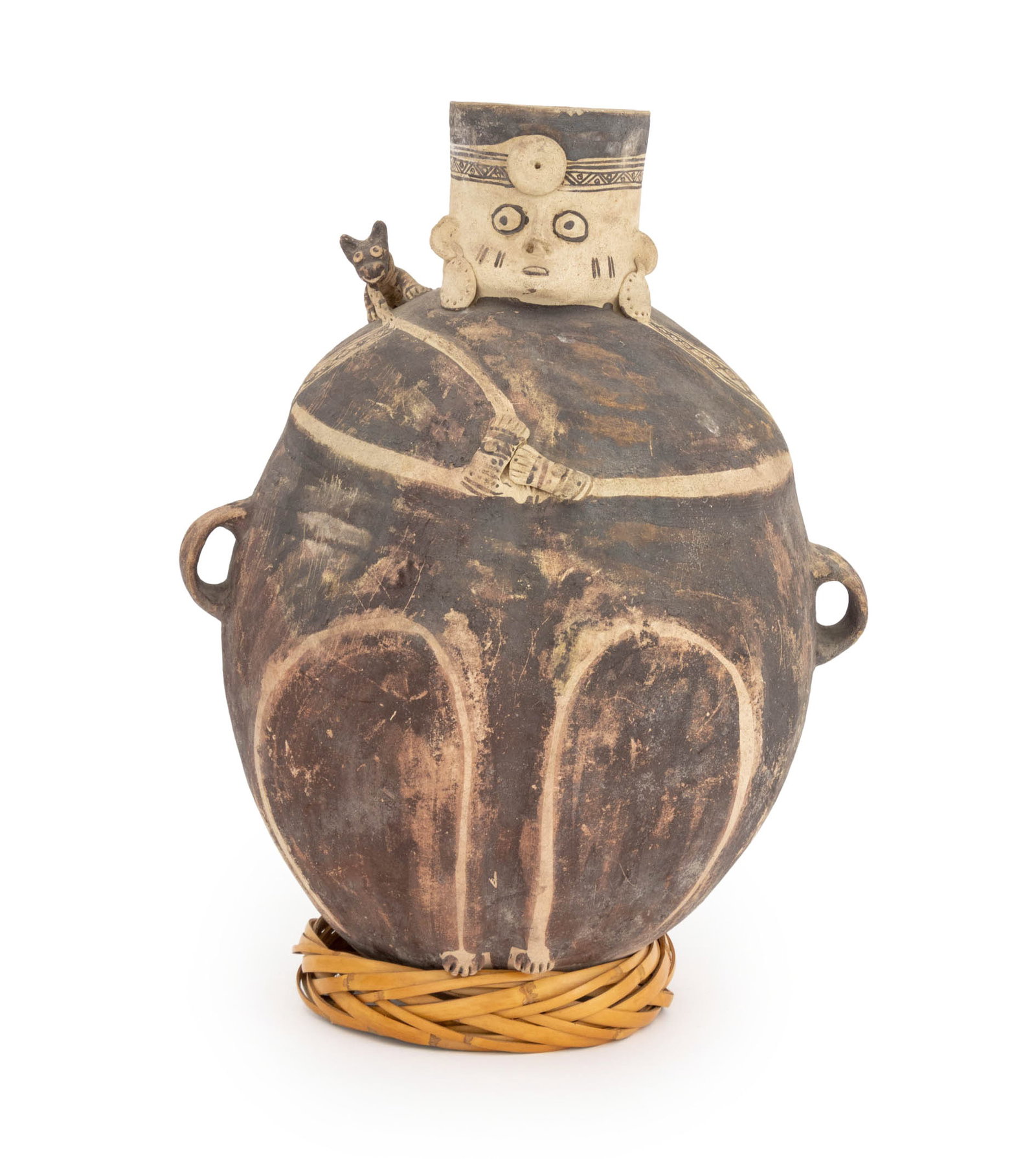 Chancay Bichrome Pottery Figural Vessel: Chancay Bichrome Pottery Figural Vessel, together with a woven raffia stand. Vessel: 19.5" H x 14" W x 12" D. Provenance: From an Upper West Side Estate. Keywords: Pre-Columbian Art, Peruvian ceramics