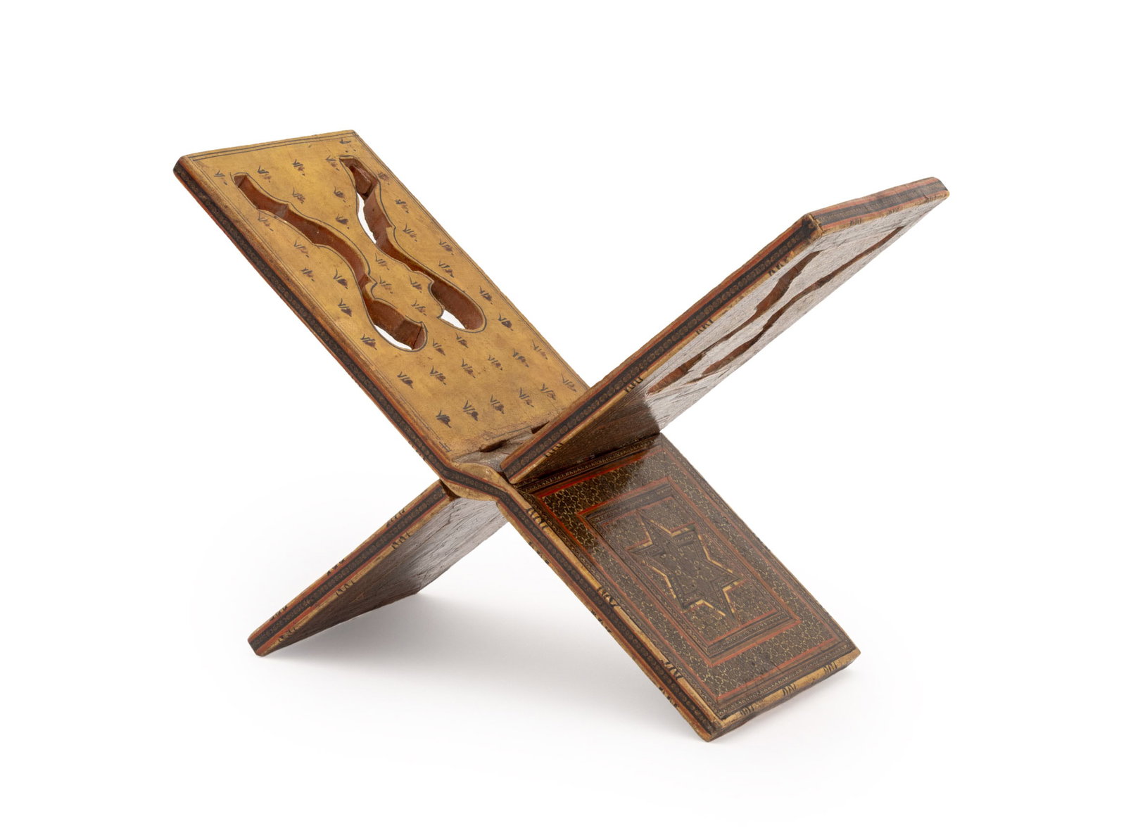 Indo-Persian Khatamkari Qur'an Stand, 19th C.: Indo-Persian Khatam Kari Kursi Qur'an Stand, 19th century, wood with inlaid geometric marquetry decoration. Closed: 18.75" H x 7.25" W x 1.5" D; open: 12" H x 17" W x 7.25" D. Provenance: From an East
