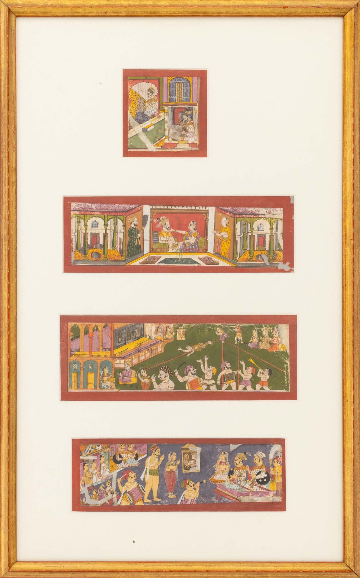 Indian Courting Scene Gouache on Paper, 18th C., 4: Indian School, Group of Four Double-Sided Courting Scenes, Gouache on Paper, 18th century, together in a giltwood frame. Largest image: 2.75" H x 9" W; frame: 24" H x 15" W x 1" D. Provenance: From an
