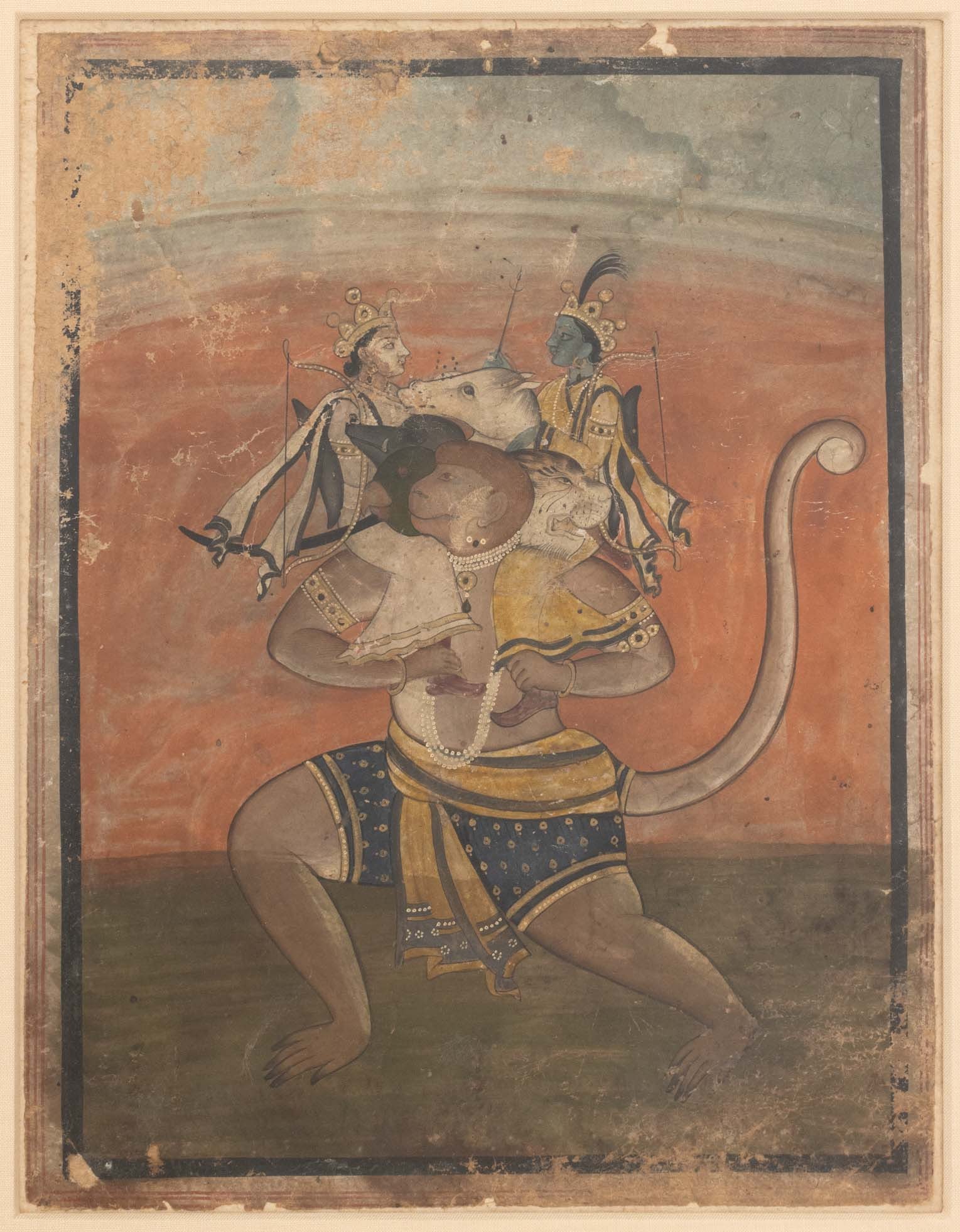 Indian Ramayana Scene Gouache on Paper, 18th C.: Indian School, Scene from the Ramayana, Gouache on Paper, 18th century or earlier, depicting Hanuman carrying Rama and Lakshana, gilt frame. Image: 8.25" H x 6" W; frame: 14.5" H x 11.75" W x 0.75" D.