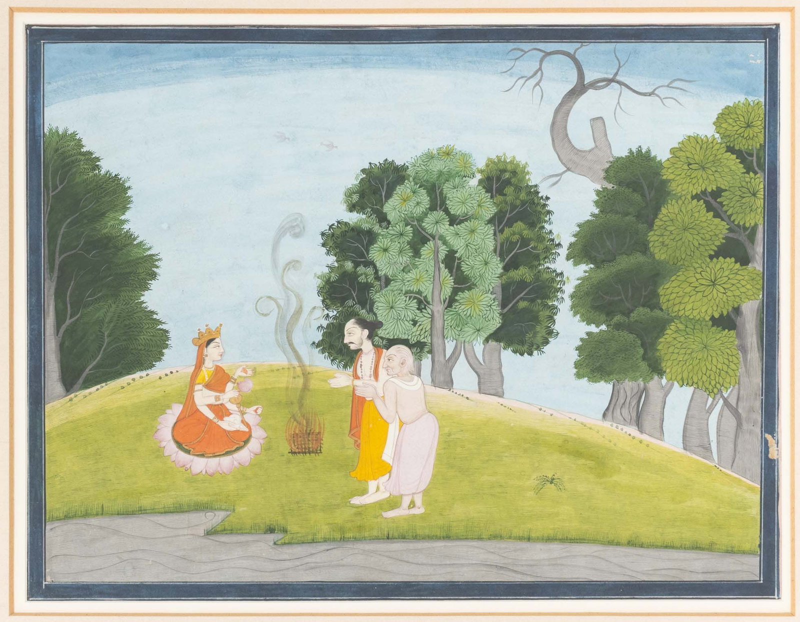 Indian Ramayana Scene Gouache on Paper, 19th C.: Indian School, Scene from the Ramayana, Gouache on Paper, 19th century, depicting two devotees before a goddess seated atop a lotus, ebonized and gilt frame. Image: 8" H x 10.5" W; frame: 16" H x 18.2