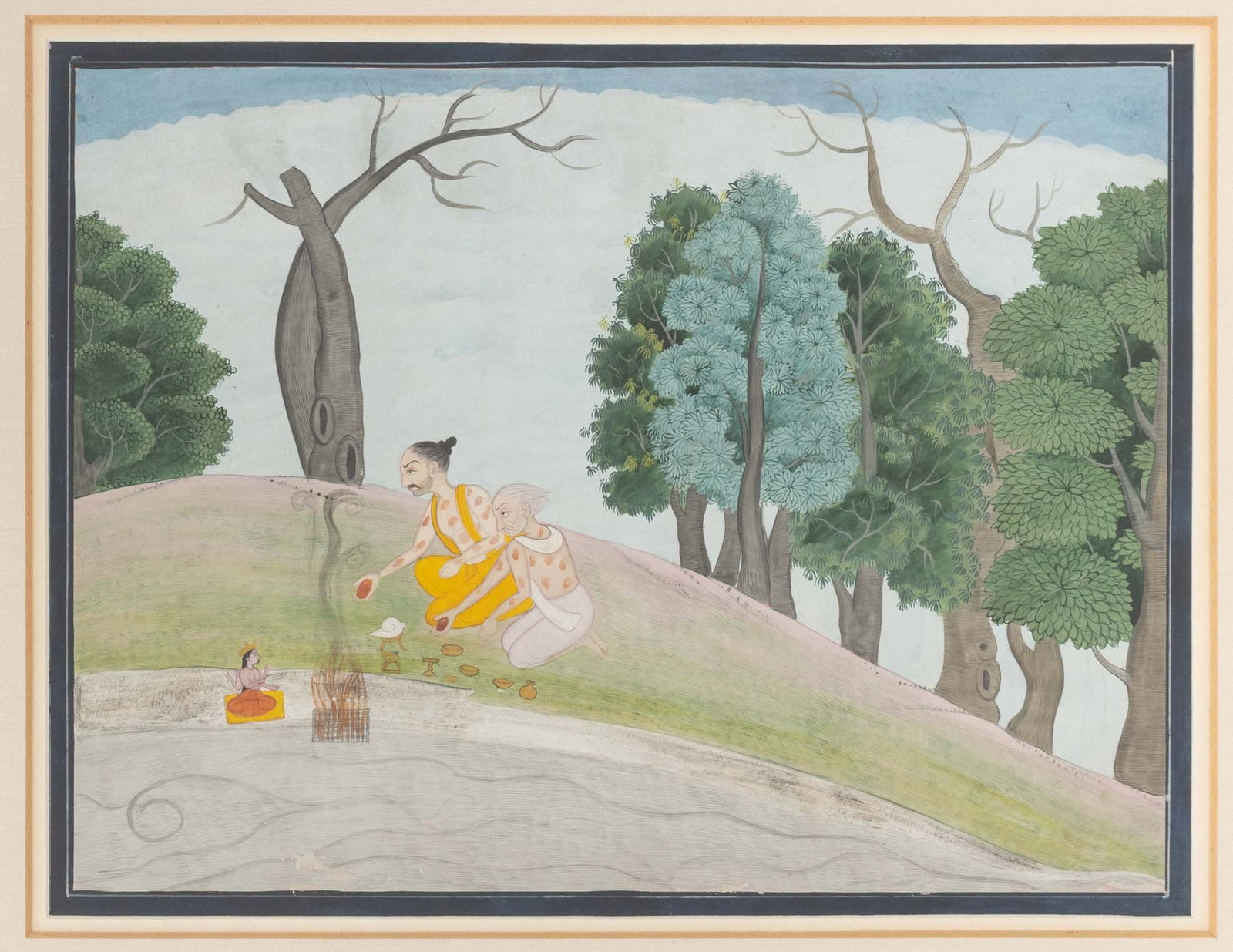 Indian Ramayana Scene Gouache on Paper, 19th C.: Indian School, Scene from the Ramayana, Gouache on Paper, 19th century, depicting two ascetics giving offerings before a shrine, ebonized and gilt frame. Image: 8" H x 10.5" W; frame: 16" H x 18.25" W