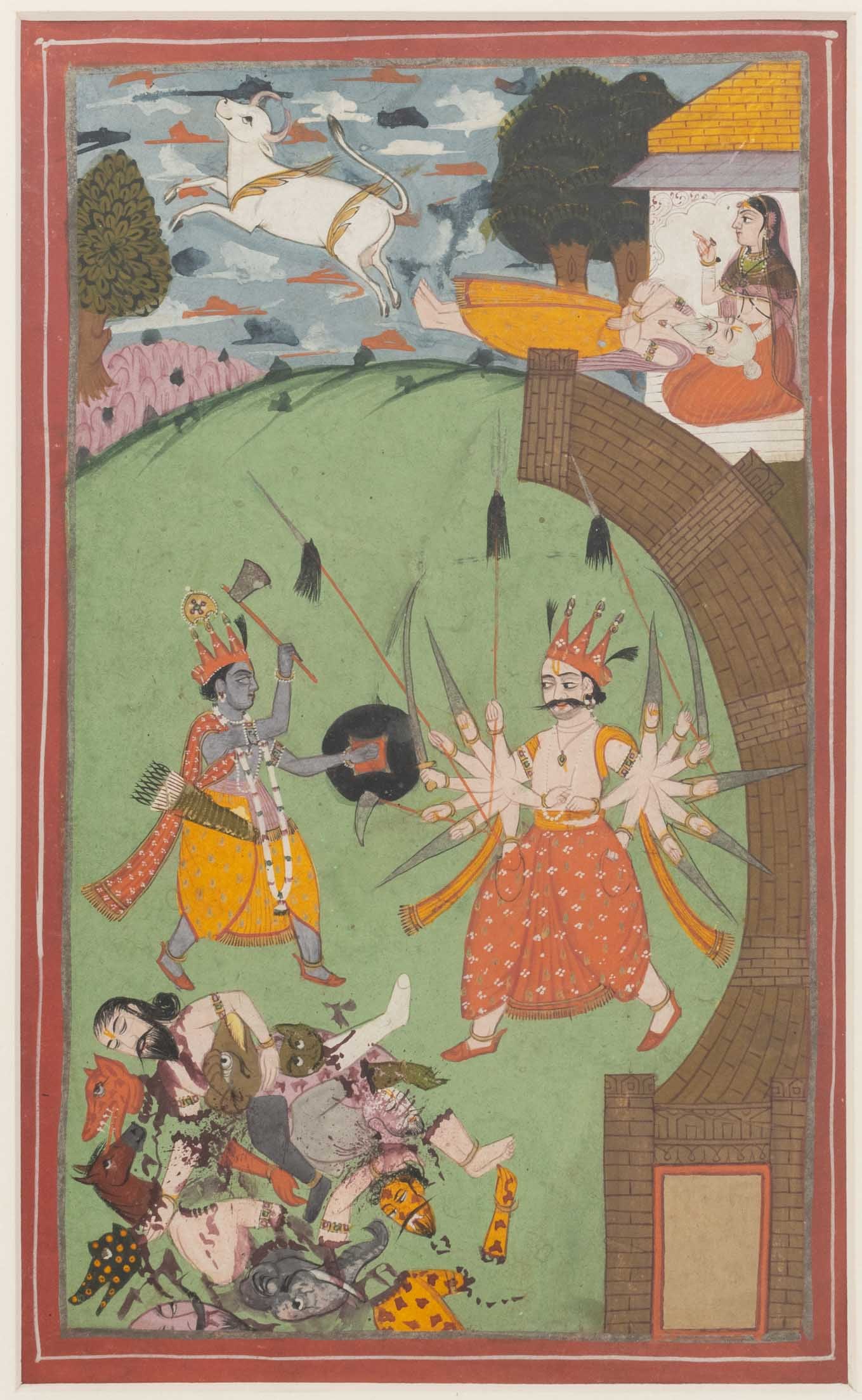 Indian Ramayana Scene Gouache on Paper, 19th C.: Indian School, Scene from the Ramayana, Gouache on Paper, 19th century, depicting Krishna battling a many-armed god above carnage and animal heads and Nandi above, green painted and gilt frame. Image: