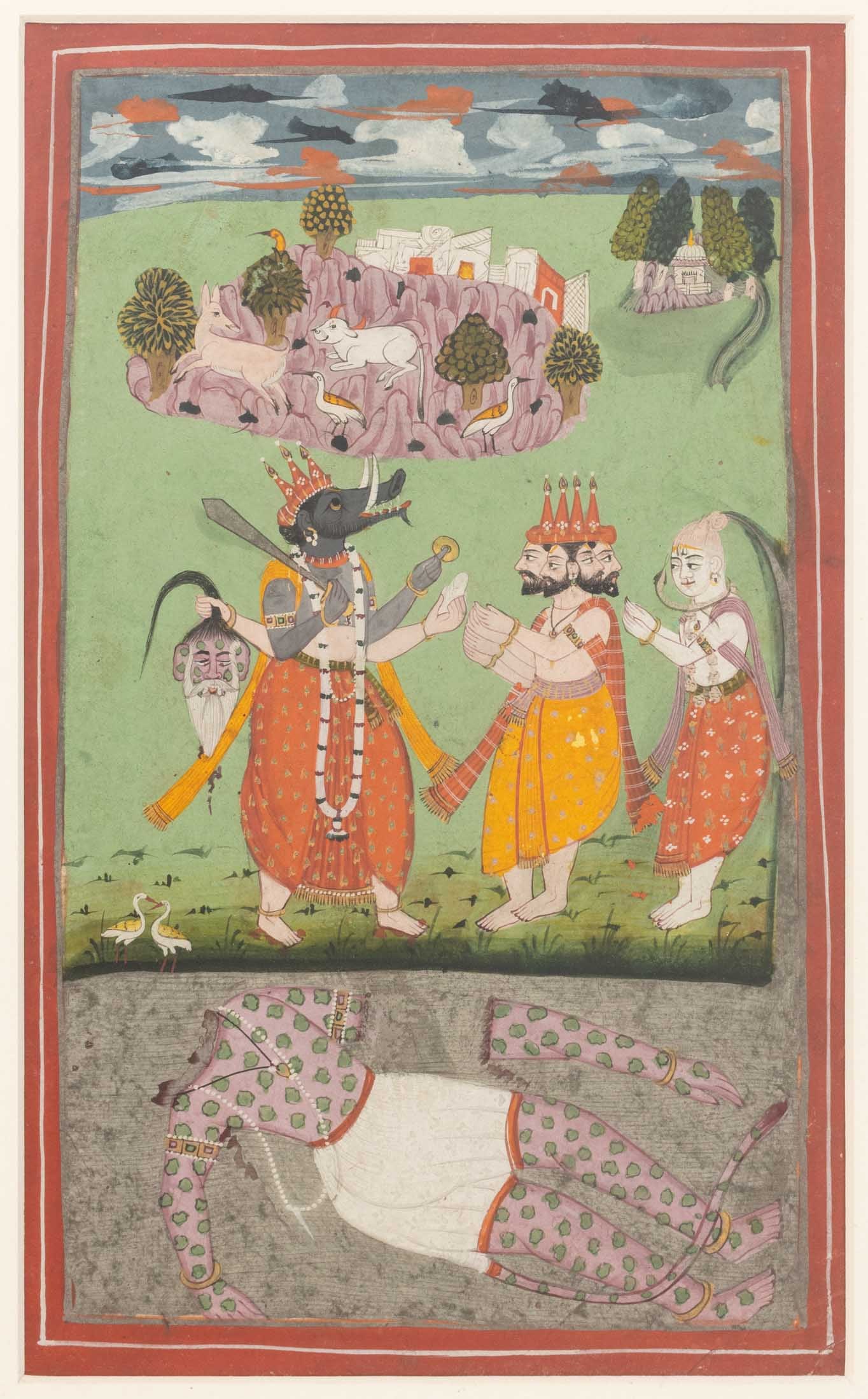 Indian Varaha Gouache on Paper, 19th C.: Indian School, Varaha and Gods Amongst a Landscape Scene, Gouache on Paper, 19th century, green painted and giltwood frame. Image: 10" H x 5.75" W; frame: 16.75" H x 11.25" W x 0.75" D. Provenance: Fr