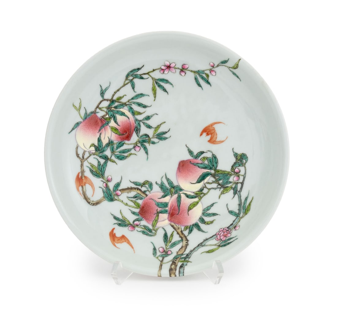 Chinese Porcelain Si Bat & Peach Motif Charger: Chinese Famille Rose Porcelain Si Bat and Peach Motif Charger, blue underglaze six character Yongzheng mark within a double circle to underside. 10" Diameter x 1.75" H. Provenance: From the Estate of 