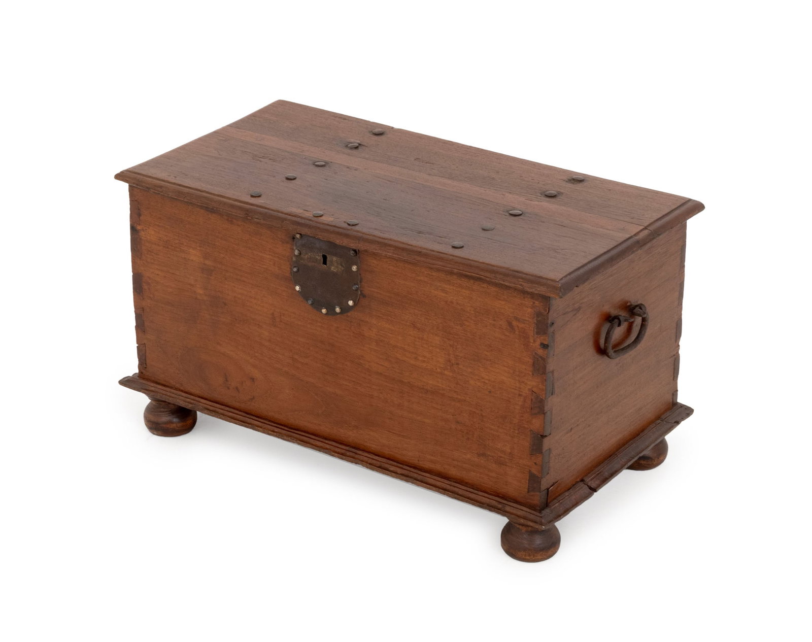 Dutch East Indies Hardwood Chest, 18th C.: Dutch East Indies Hardwood Chest, 18th century, with metal hardware above bun feet. 16" H x 27.5" W x 15.5" D. Provenance: From an East 57th Street Estate. Keywords: Antique Furniture, Indonesian Furn