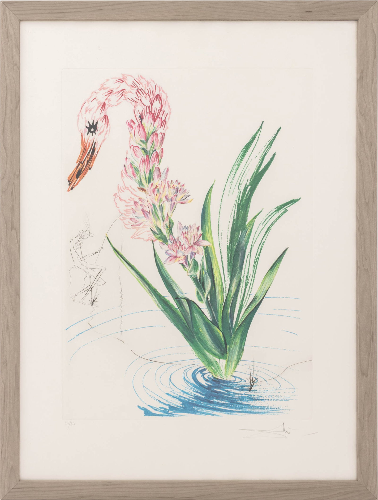Salvador Dali "Water Hibiscus (Swan)" Etching 1972: Salvador Dali (Spanish, 1904-1989), "Polyanthes Tyberosa et Cygnus Vegetalis" [Polianthes Tuberose and Vegetal Swan], Etching and Heliogravure in Colors, 1972, from the "Florals (Surrealist Flowers)"