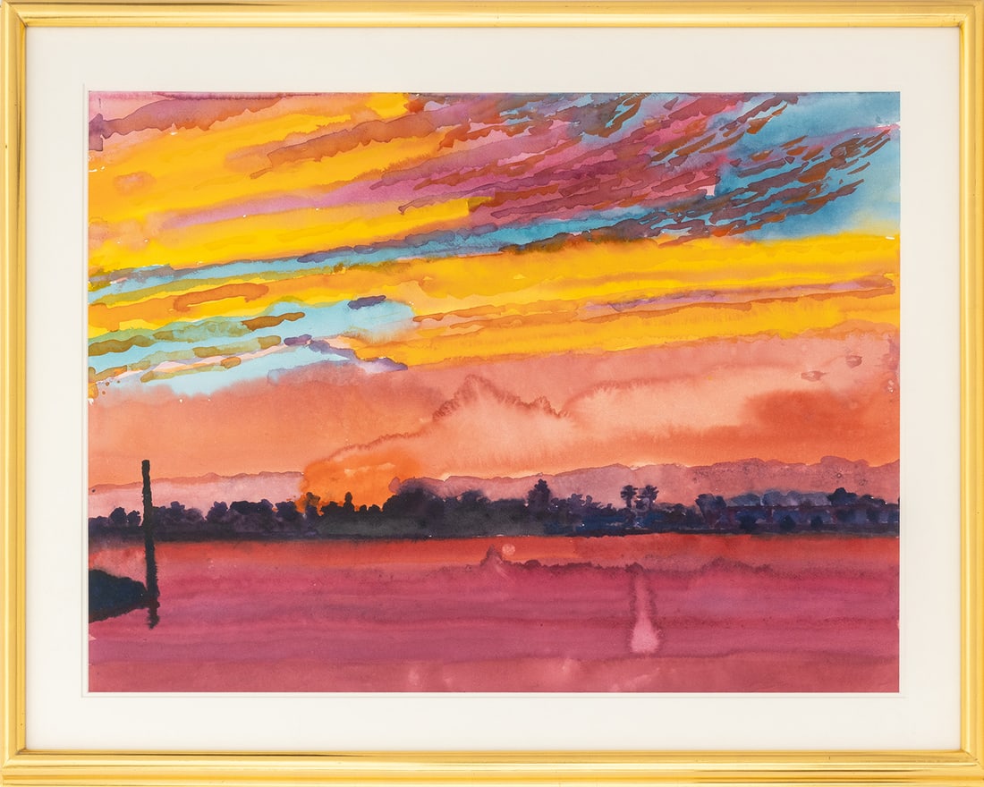 Graham Nickson Sarageto Sunset Watercolor: Graham Nickson (English, 1946-2025), Sarageto Sunset, Watercolor on Paper, giltwood frame. Image: 21.75" H x 29.25" W; frame: 29" H x 36.5" W x 2" D. Provenance: From a Westchester County Estate.