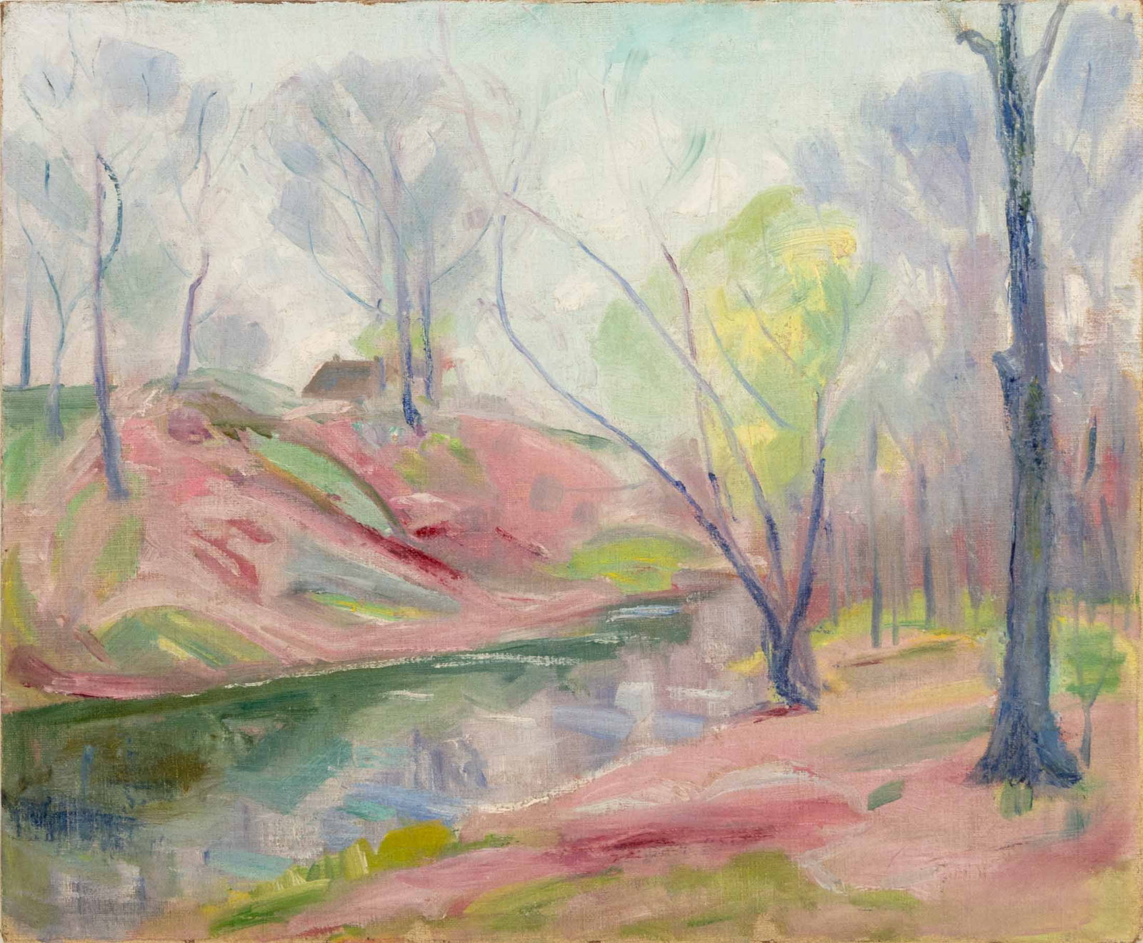American Impressionist Landscape Oil on Canvas: American School, Impressionist Landscape Scene in Rosy Hues, Oil on Canvas, unsigned, unframed. 20.25" H x 24.5" W x 1" D. Provenance: From a Boston Collection. Keywords: Paintings, Oil painting, Work
