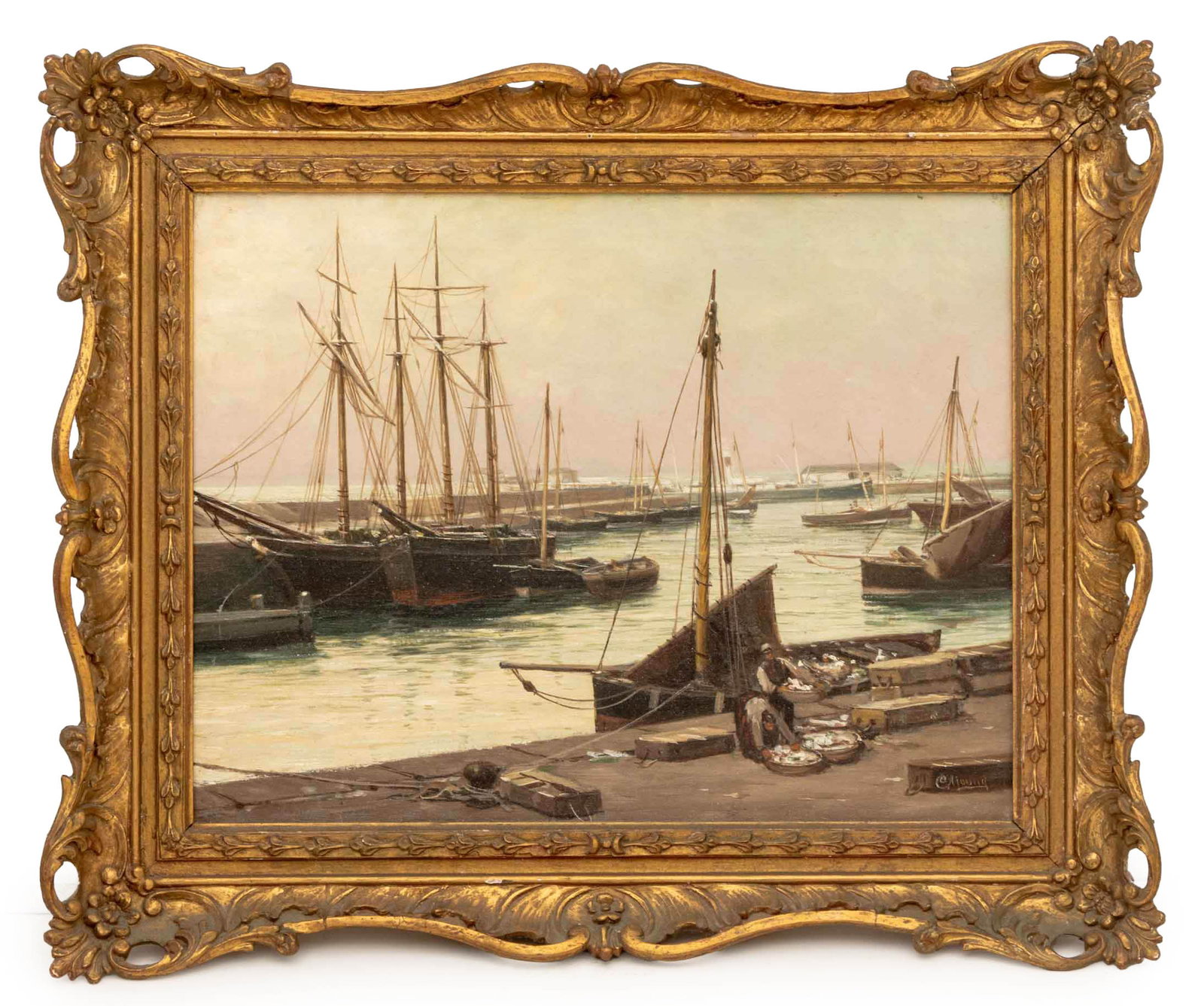Illegibly Signed Sailing Boats Scene Oil, 19th C. (1 of 8)