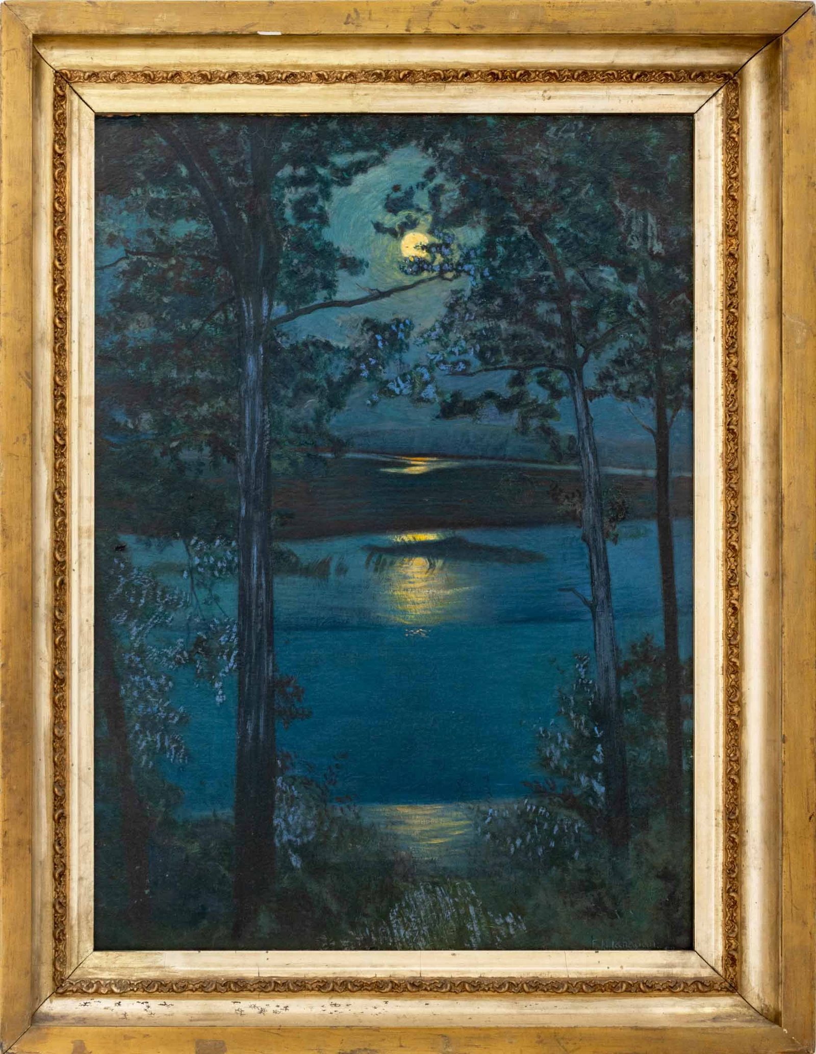 Francis J. Flanagan Moonlight Landscape, 1898: Francis J. Flanagan (American, 1871-1928), Moonlight Landscape Scene, Oil on Board, 1898, signed and dated lower right, giltwood frame. Image: 26" H x 18.5" W; frame: 32" H x 24.75" W x 2" D. Provenan