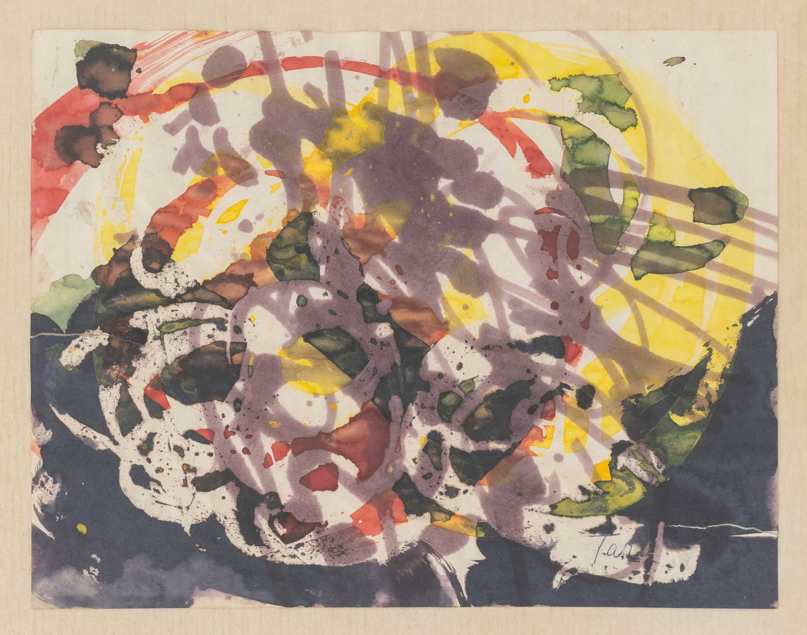 Taro Yamamoto Abstract Composition Watercolor: Taro Yamamoto (American, 1919-1994), Abstract Composition, Watercolor on Paper, signed lower right, The Chrysler Museum label reverse, wood frame. Image: 8.5" H x 11" W; frame: 14.75" H x 17.25" W x