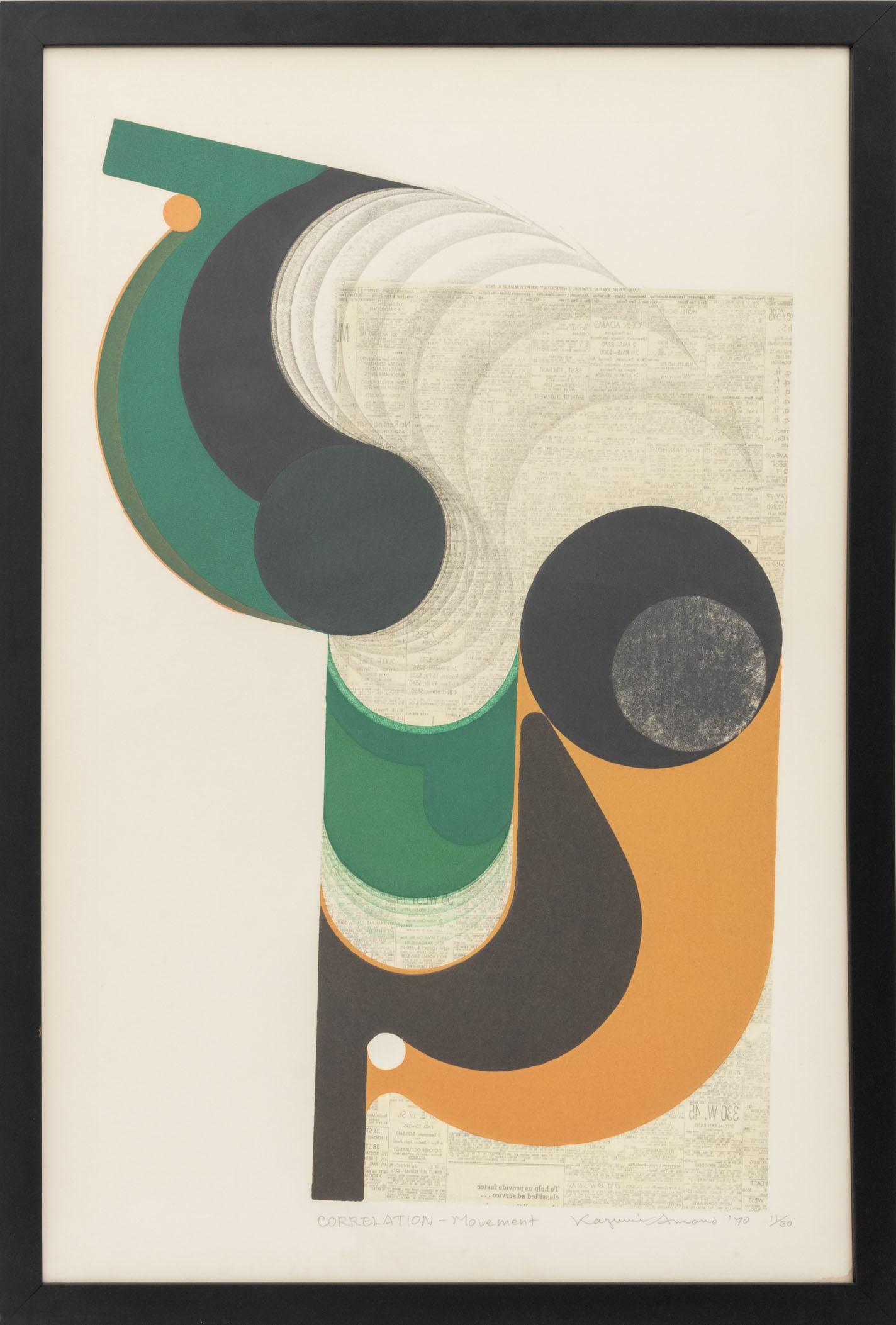 Kazumi Amano "Correlation - Movement", 1970: Kazumi Amano (Japanese, 1927-2001), "Correlation - Movement", Woodblock Print in Colors, 1970, signed in pencil, dated, and numbered edition "11/30" lower right, titled lower center, black frame. Imag