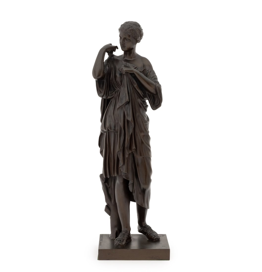 Ferdinand Barbedienne Diana of Gabii Bronze: Ferdinand Barbedienne (French, 1810-1892) Diana of Gabii Patinated Bronze Sculpture, signed and "Reduction Mechanique / A. Collas / Brevete" foundry mark to base. 13.75" H x 4.5" W x 3.5" D. Provenanc