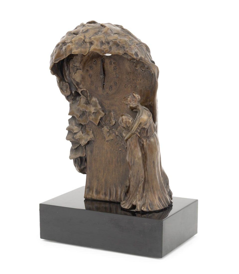 W. Lachner Jugendstil Patinated Bronze Table Clock: W. Lachner (XIX-XX) Jugendstil Patinated Bronze Mantel Clock, with mother and daughter figures below ivy vines and the Latin inscription "Ut cuspis, sic vita fluit, dum starevidet" [As the crest, so