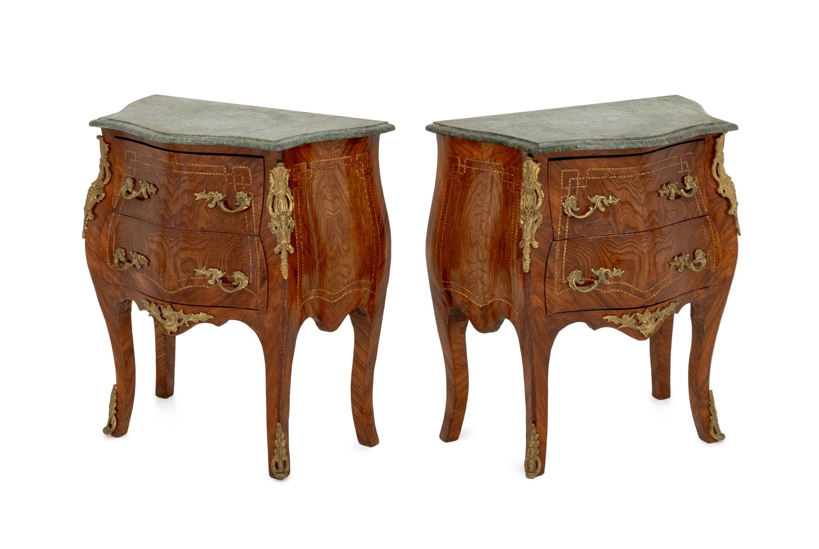 Louis XV Style Ormolu Walnut Bombe Commodes, Pair (1 of 11)
