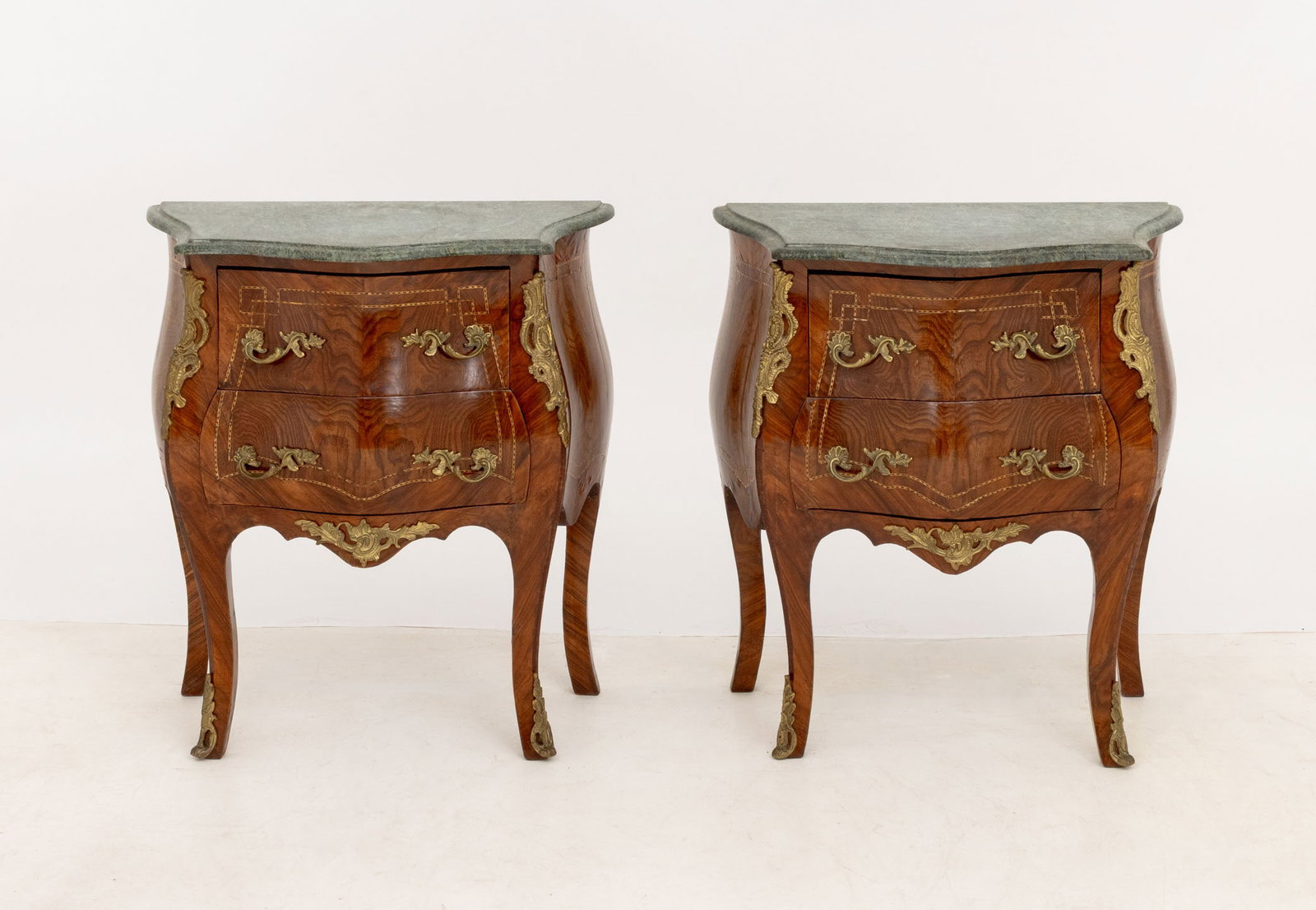 Louis XV Style Ormolu Walnut Bombe Commodes, Pair - 2