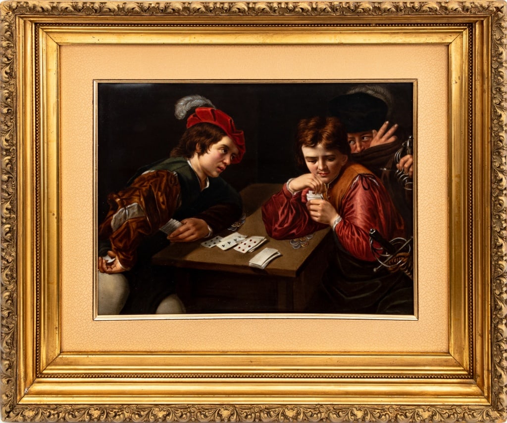 "Die Falschspieler" KPM Porcelain Plaque: After Caravaggio "Die Falschspieler" [The Cardsharpers] KPM Porcelain Plaque, impressed "K.P.M. / F" marks to reverse, giltwood frame. Image: 11.75" H x 16" W; frame: 20.5" H x 24.5" W. Provenance: