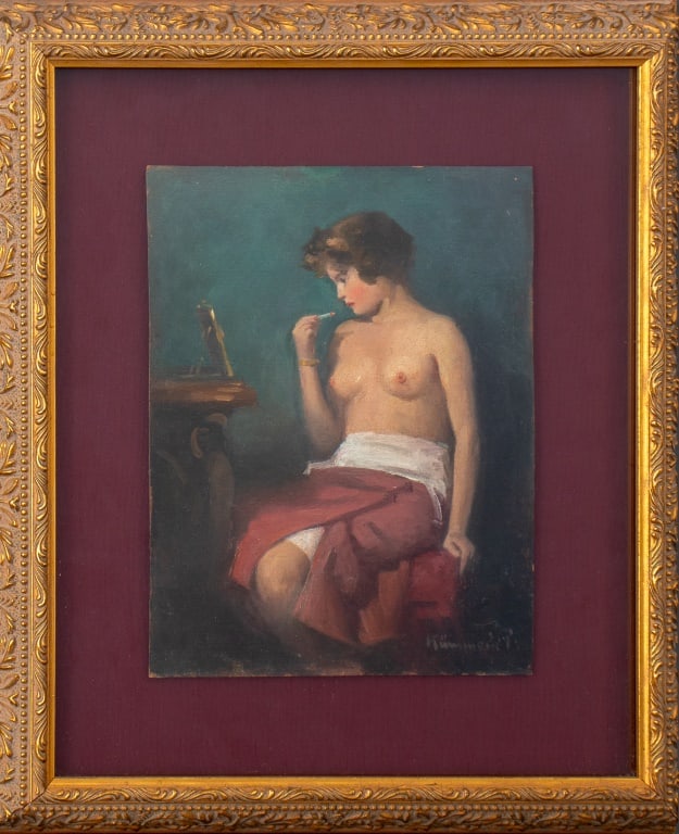 Pal Kummerle Nude Woman Portrait Oil on Board: Pal Kummerle (Hungarian, 1873-1944), Portrait of a Nude Woman, Oil on Board, depicting a seated woman applying lipstick in the mirror, signed lower right, giltwood frame. Image: 9" H x 6.75" W; frame: