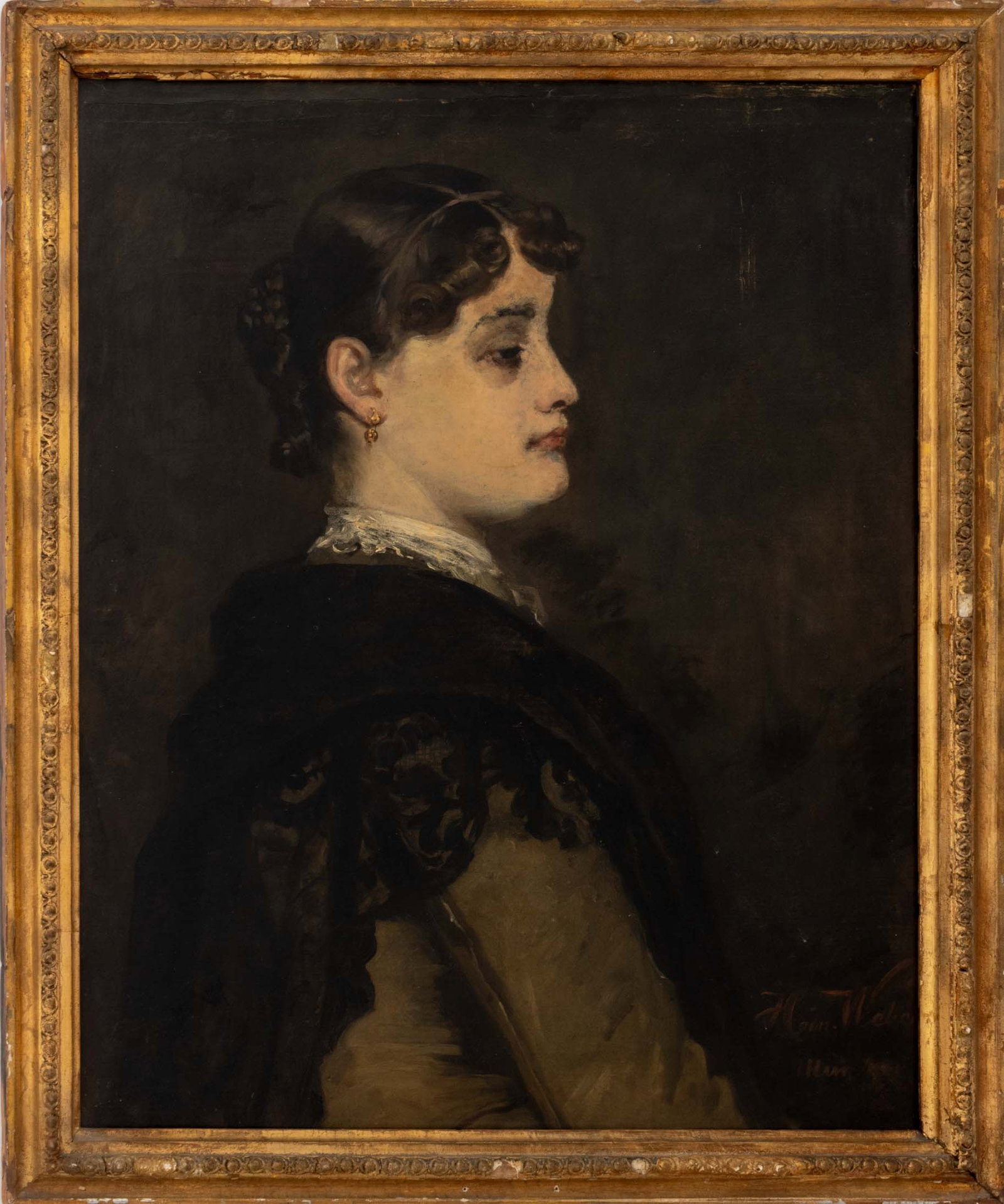 Heinrich Weber Portrait of a Lady Oil on Canvas: Heinrich Weber (German, 1843-1913), Portrait of a Lady, Oil on Canvas, late 19th century, signed "Hein. Weber" lower right, painted wood frame. Image: 26.5" H x 21.25" W; frame: 30.25" H x 25" W x 1" 