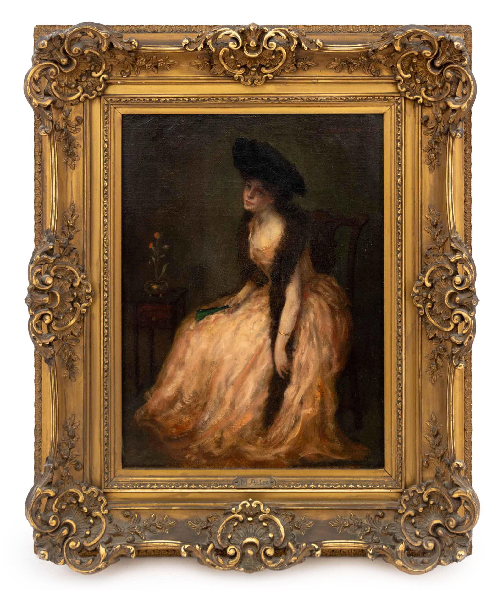 Marion B. Allen "Woman in a Pink Dress", 1908: Marion Boyd Allen (American, 1864-1941), "Woman in a Pink Dress Holding a Fan", Oil on Canvas, 1908, signed and dated upper right, gilt frame. Image: 16.75" H x 11.5" W; frame: 23.5" H x 19.5" W x