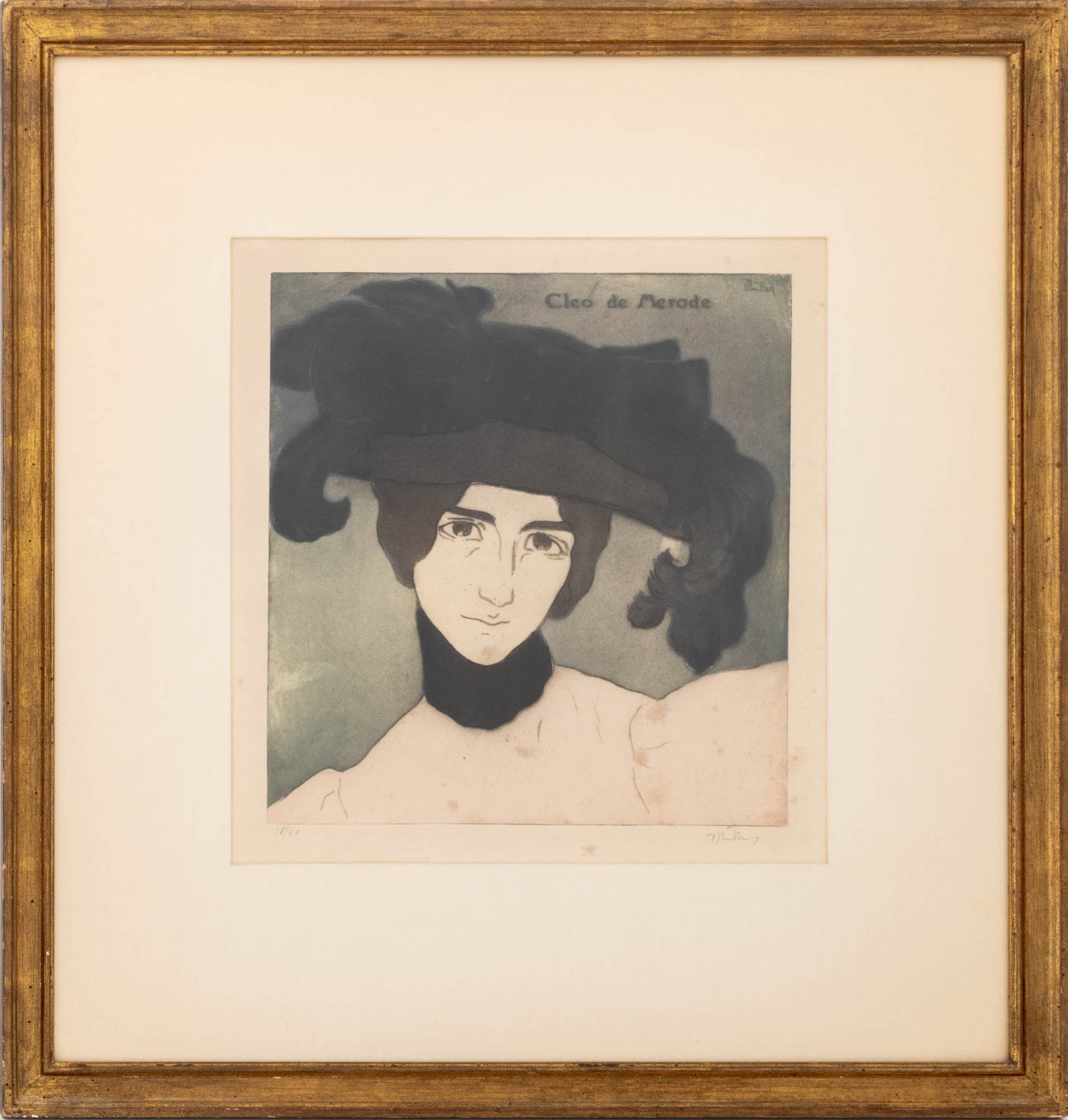 Alfredo Muller "Cleo de Merode" Etching & Aquatint: Alfredo Muller (Italian/French, 1869-1939), "Cleo de Merode", Etching and Aquatint in Colors, circa 1903, signed in pencil lower right, numbered edition "18/50" lower left, giltwood frame. Image: 14.5