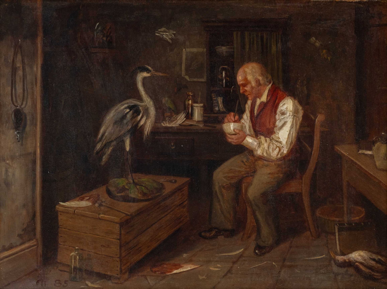 Walter Satterlee "The Taxidermist" Oil, 1885: Walter Satterlee (American, 1844-195), "The Taxidermist", Oil on Canvas, 1885, signed with artist's cipher "WS" and dated lower left, giltwood frame. Image: 11.75" H x 15.5" W; frame: 20.5" H x 24.25"
