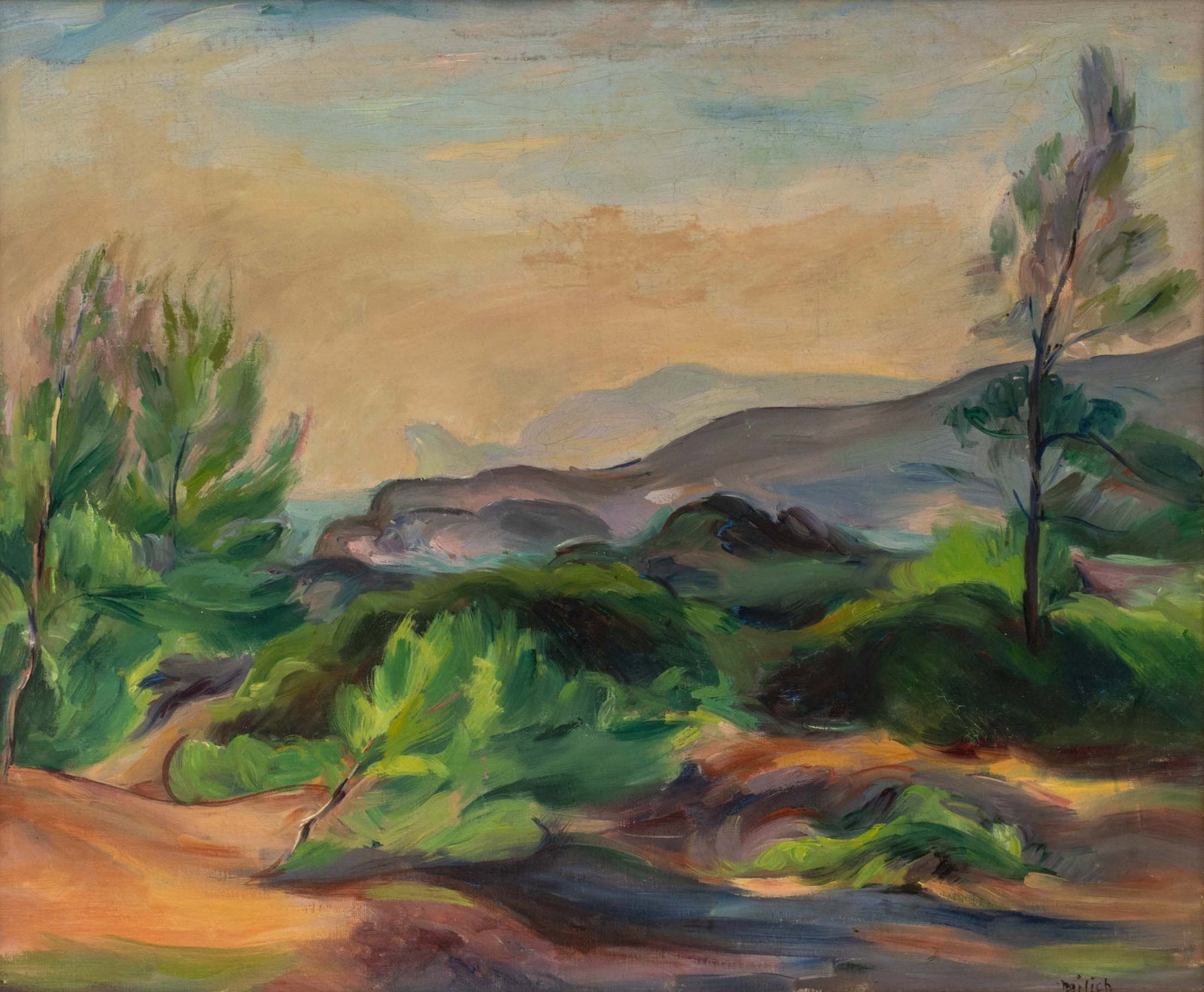 Abraham Adolphe Milich Landscape Oil, 1935: Abraham Adolphe Milich (Polish/French, 1884-1964), Forest Landscape Scene, Oil on Canvas, 1935, signed lower right, paper label verso, giltwood frame. Image: 18.5" H x 22.5" W; frame: 24" H x 28.25" W