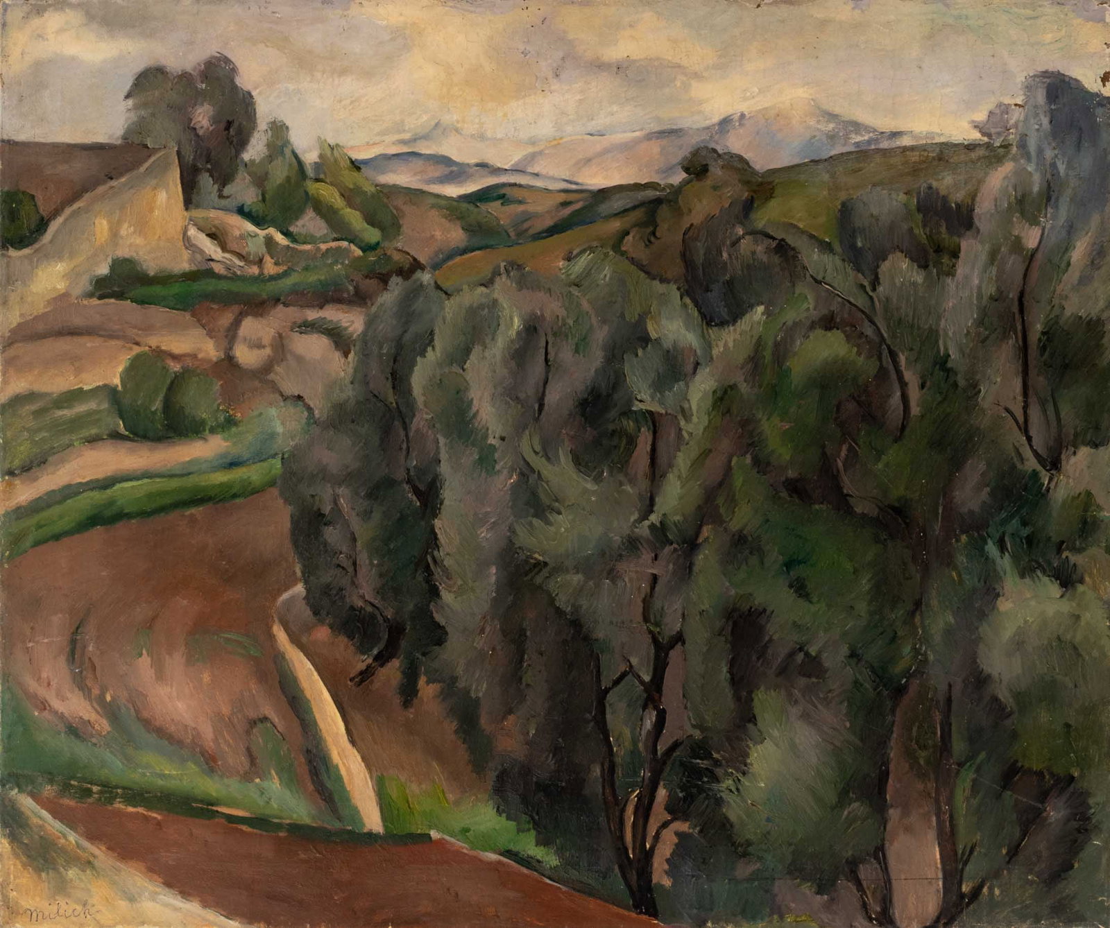 Abraham Adolphe Milich Valley Landscape Oil, 1924: Abraham Adolphe Milich (Polish/French, 1884-1964), Valley Landscape Scene, Oil on Canvas, 1924, signed lower left, signed, paper label, and stamped "Atelier Milich" verso, unframed. 25" H x 29" W x 0.