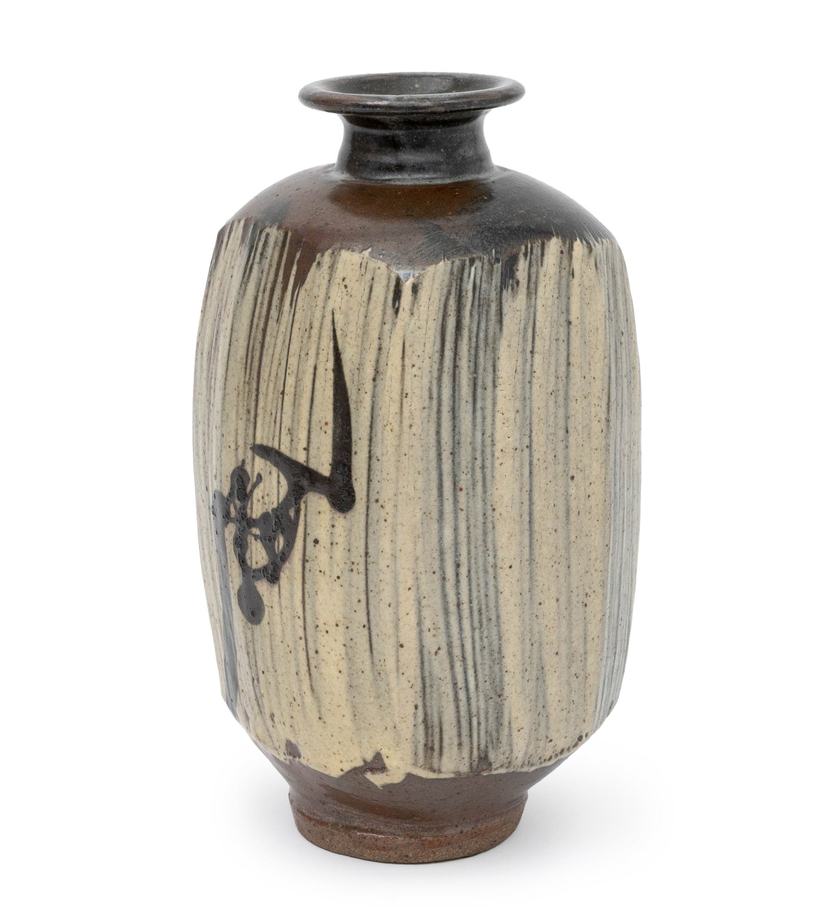 Wayne Ngan Hakeme Slip Decorated Bottle Vase: Wayne Ngan (Chinese/Canadian, 1937-2020) Hakeme Slip Decorated Bottle Vase, polychrome glazed stoneware, impressed artist's mark to side of foot. 10.5" H x 5.25" W x 5.25" D. Provenance: From the Coll