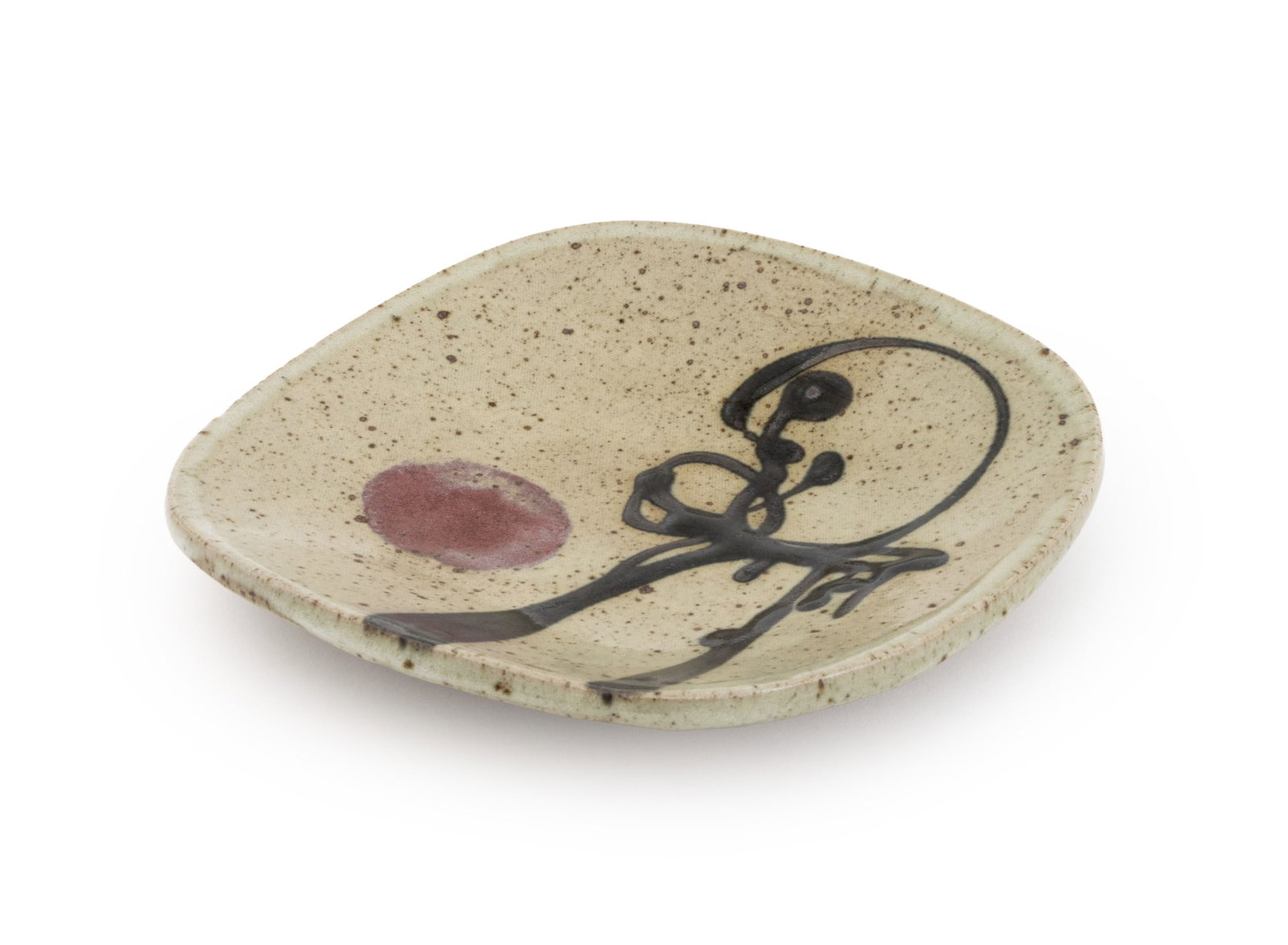Wayne Ngan Art Pottery Plate: Wayne Ngan (Chinese/Canadian, 1937-2020) Abstract Art Pottery Plate, polychrome glazed stoneware, hand-painted with abstract design on a speckled beige ground, impressed artist's mark to underside. 9"