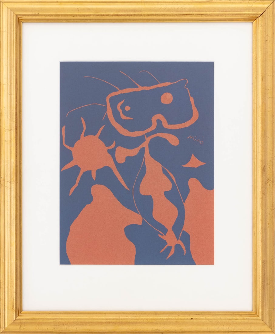 Joan Miro "Personnage au Soleil" Linocut: Joan Miro (Spanish, 1893-1983), "Personnage au Soleil" [Figure in the Sun], Linocut in Colors, signed in plate center right, Pasquale Lannetti Galleries label verso, giltwood frame. Image: 11.75" H x