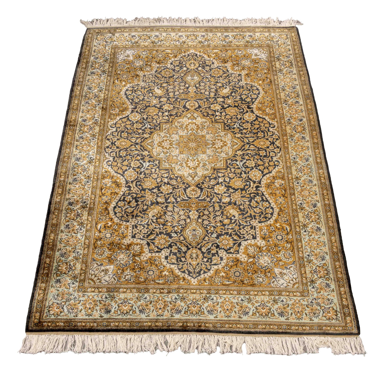 Qum Floral Motif Silk Rug, 7' 5" x 4' 7": Qum Floral Motif Silk Rug, central Iran, second half 20th century, on a blue ground. 7' 5" L x 4' 7" W, Provenance: From an East 57th Street Estate. Keywords: Persian rugs, Carpets, Textiles, Area rug