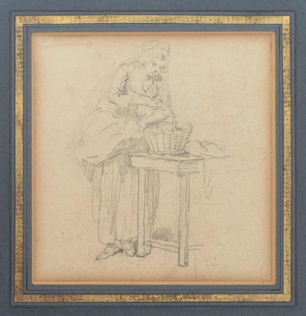 Henri-Pierre Danloux Woman Holding Basket, 18th C.: Henri-Pierre Danloux (French, 1753-1809), Woman Holding a Basket, Graphite on Paper, 18th century, Galerie Heim label to reverse, giltwood frame. Image: 4" H x 4" W; frame: 10.75" H x 10.75" W x