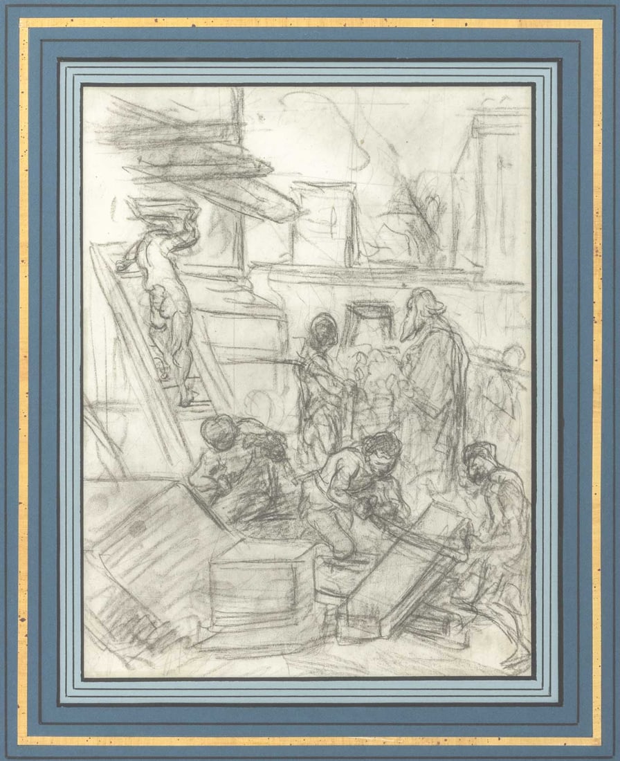Celestin-Francois Nanteuil Attr. Workshop Scene: Celestin-Francois Nanteuil-Leboeuf (French, 1813-1873) Attributed, Workshop Scene, Black Chalk on Paper, 19th century, giltwood frame. Image: 9.75" H x 6.75" W; frame: 18.75" H x 16.25" W x 1" D.