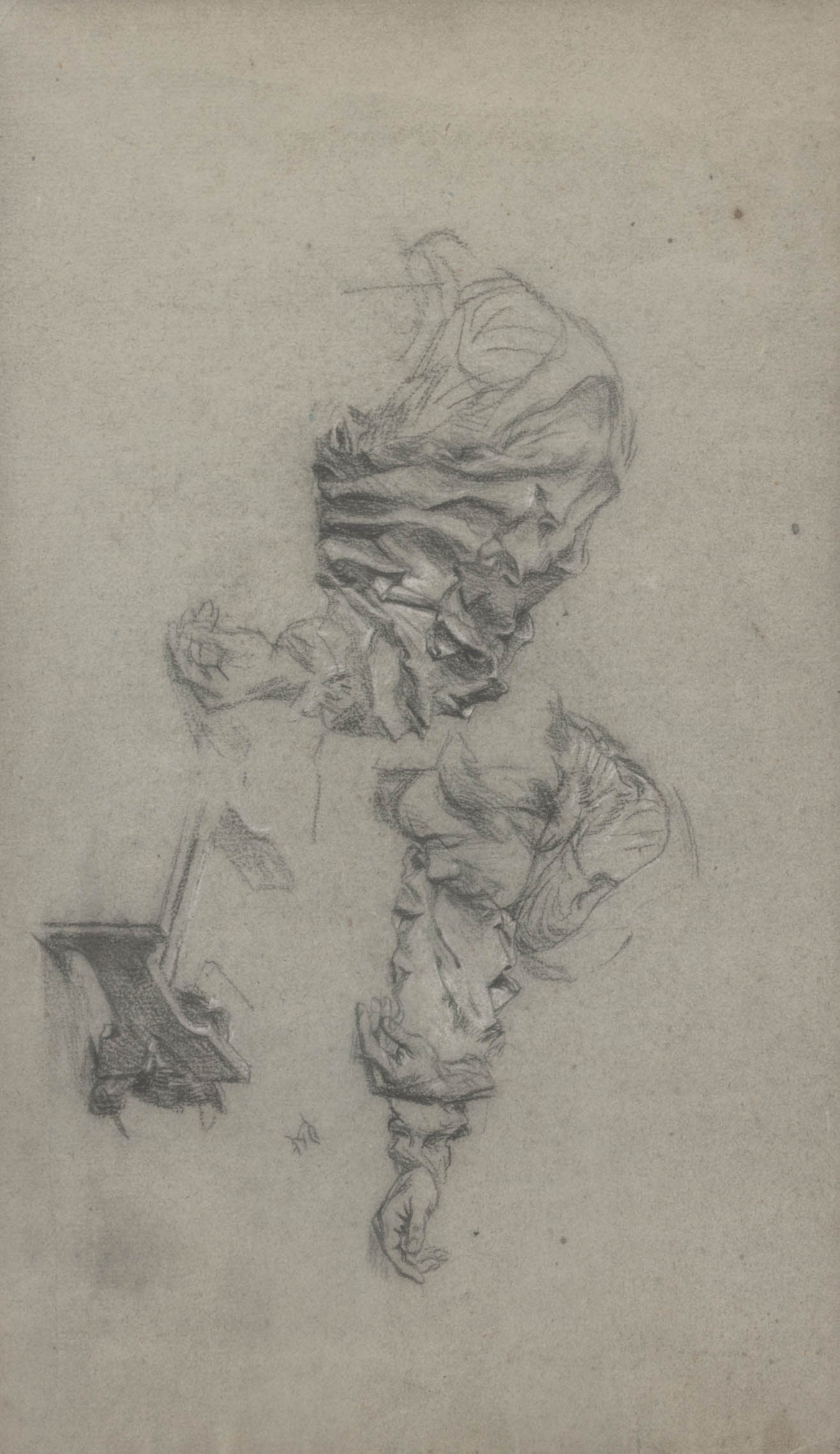 Thomas Couture Attr. Studies of Shirt Sleeve & Man: Thomas Couture (French, 1815-1879) Attributed, Studies of Shirt Sleeve and Sleeping Man, Black and White Chalk on Blue Toned Paper, 19th century, unsigned, inscribed "Etude de bras par Meissonnier /