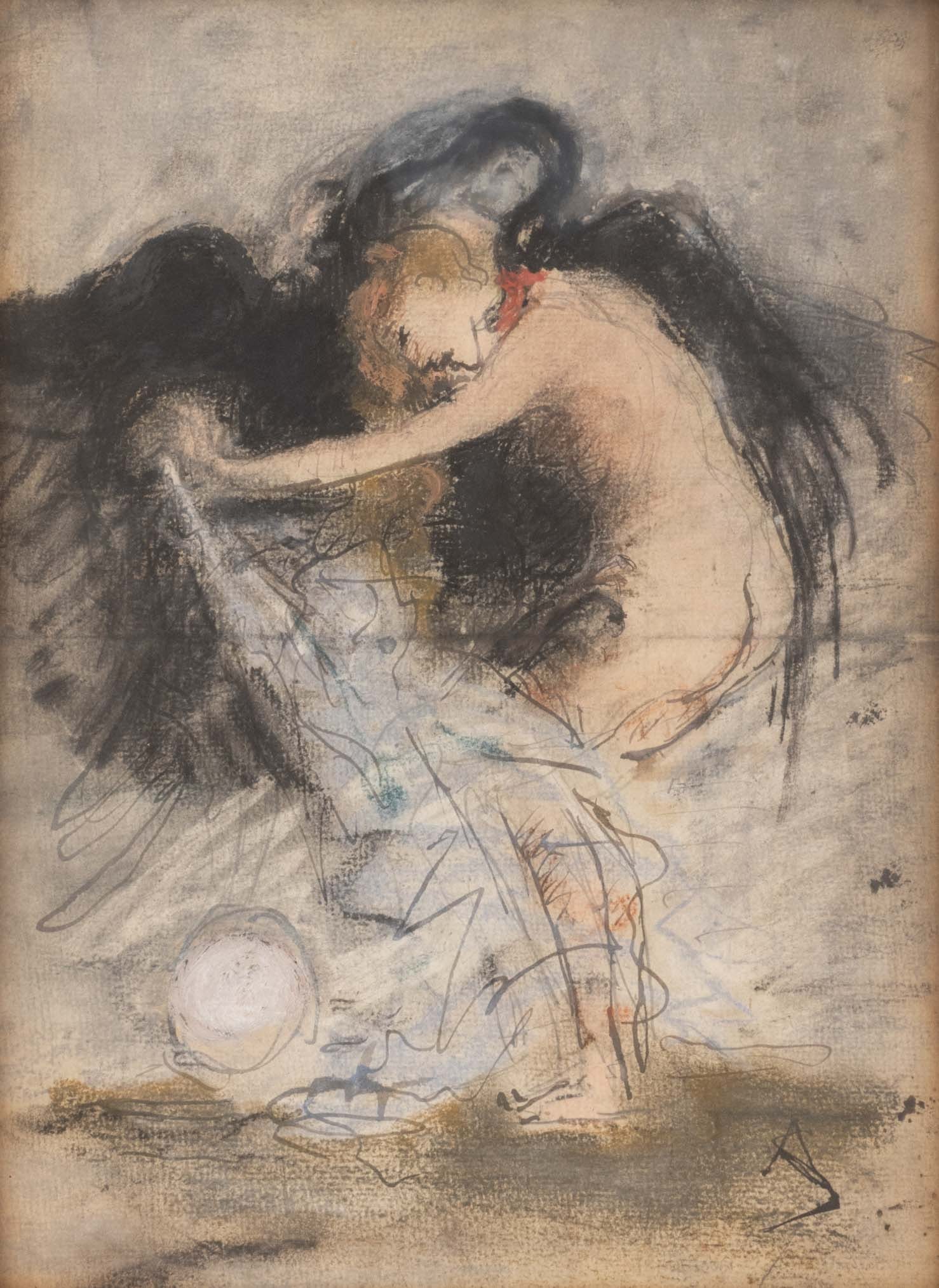 French School Crouched Nude Woman Graphite: French School, Crouched Nude Woman, Graphite, Pastel, and Chalk on Laid Paper, unsigned, giltwood frame. Image: 10.25" H x 7.5" W; frame: 14.5" H x 11.75" W x 1" D. Provenance: From the Estate of
