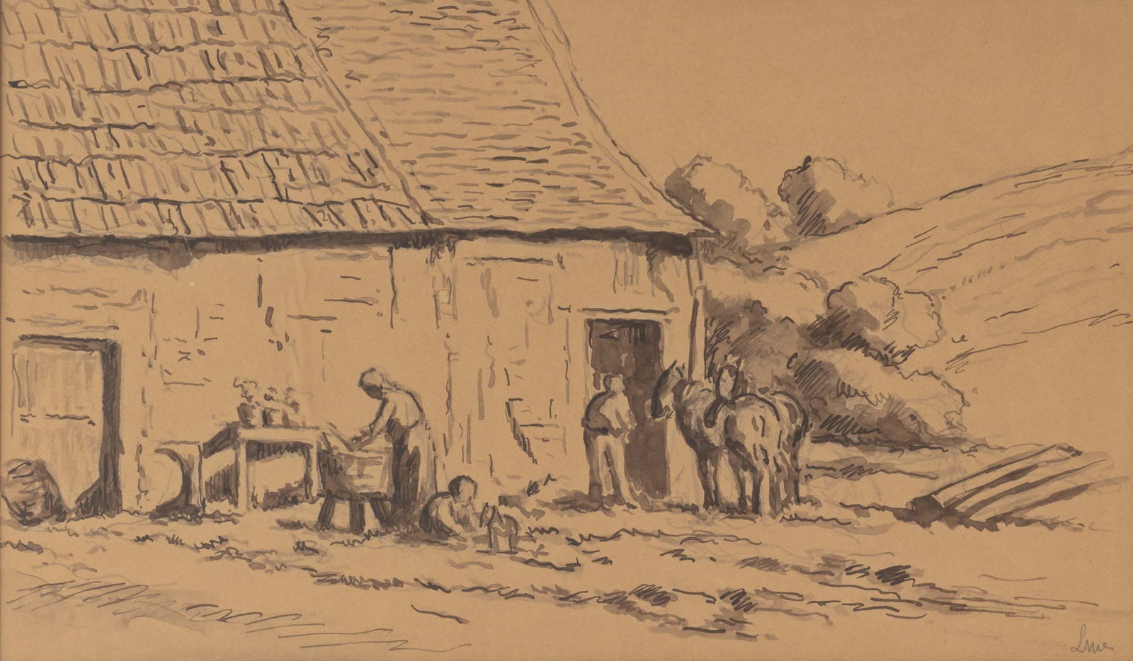 Illegibly Signed French Homestead Scene, 19th C.: French School, Homestead Landscape Scene, Graphite and Ink on Paper, illegibly signed in pencil lower right, giltwood frame. Image: 9.75" H x 16.5" W; frame: 17.75" H x 24.5" W x 1" D. Provenance:
