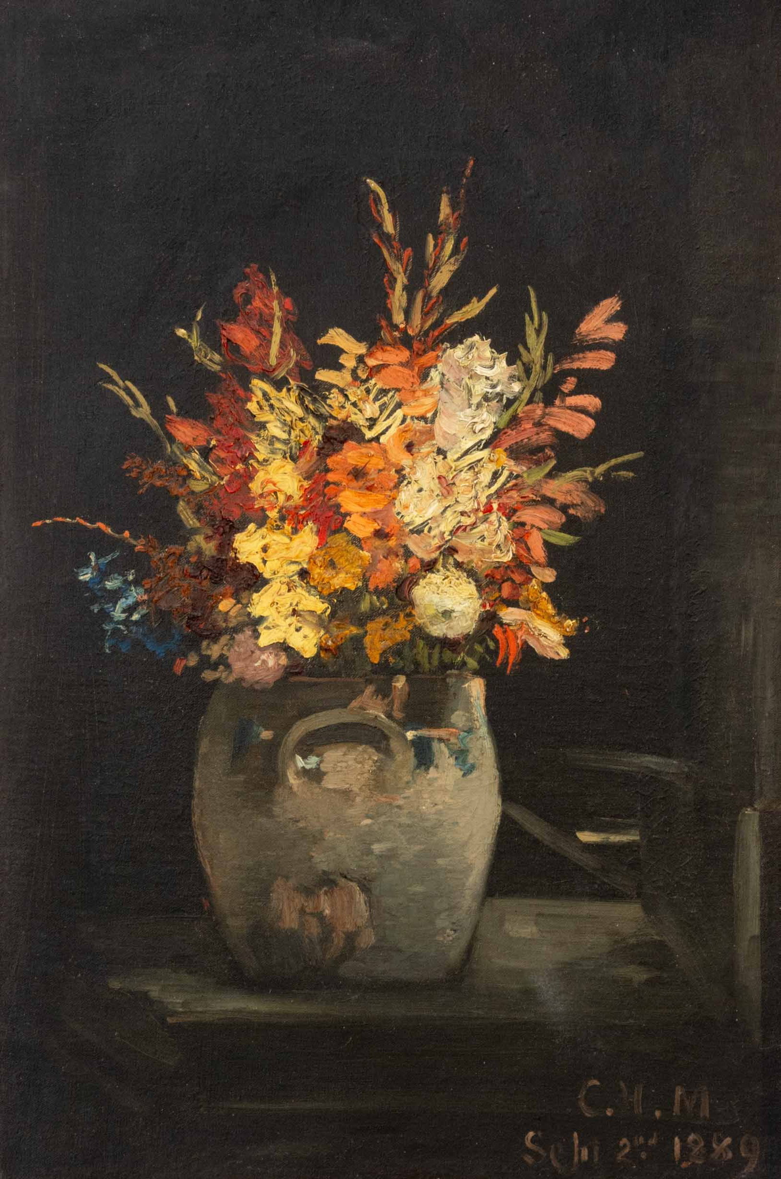 Charles Henry Miller Autumn Flowers Oil, 1889: Charles Henry Miller (American, 1842-1922), Autumn Flowers, Oil on Canvas, 1889, signed, dated and inscribed "Sept 2nd" lower right, giltwood frame. Image: 25.75" H x 17.25" W; frame: 28.5" H x 20" W