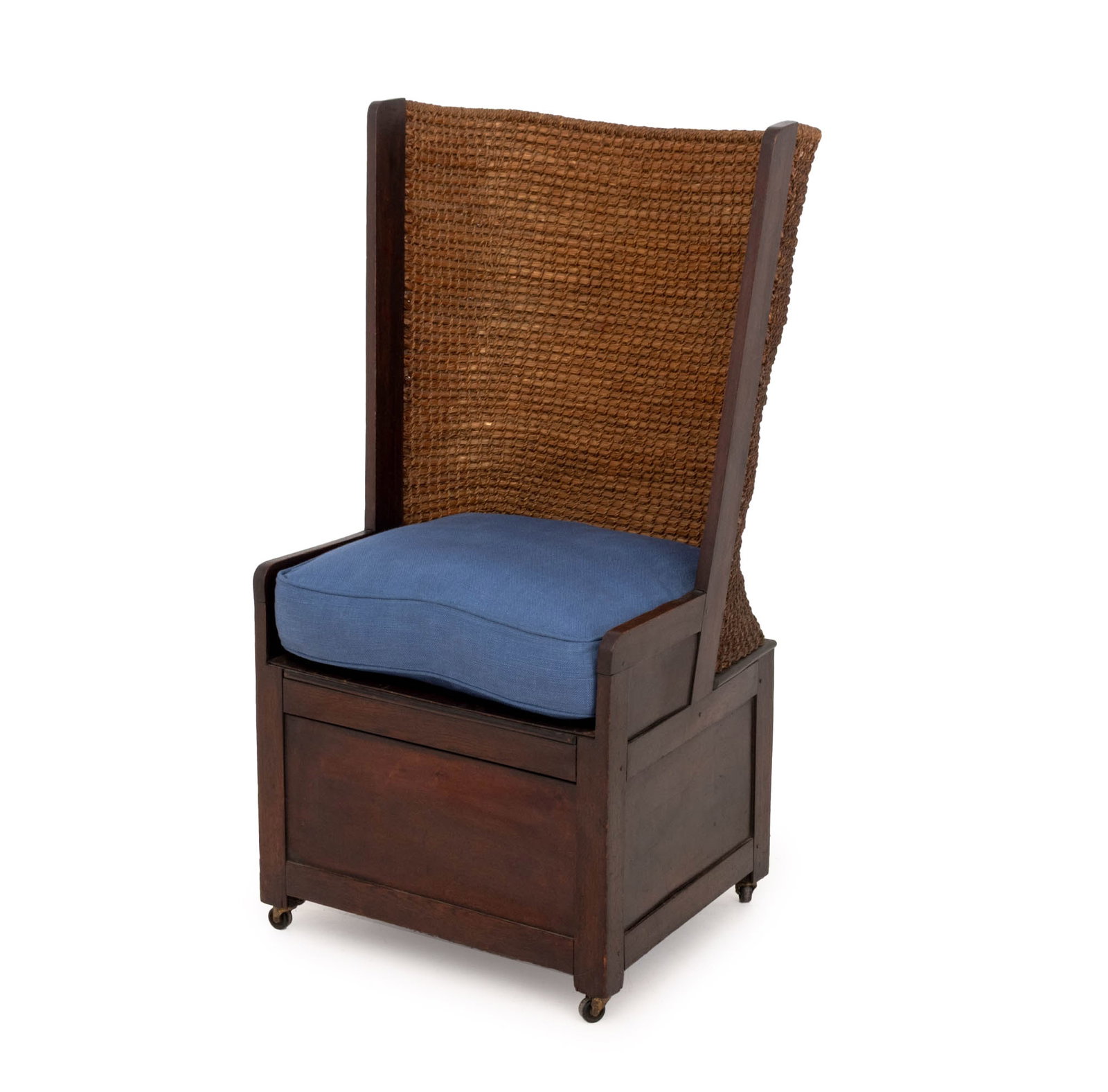 Scottish Woven Straw Backed Chair, 19th C.: Scottish Woven Straw Backed Chair, probably Orkney or Shetland Isles, 19th century, with blue cushion, the wooden base above casters. 41.75" H x 24.5" W x 23.75" D; seat with cushion: 20" H.