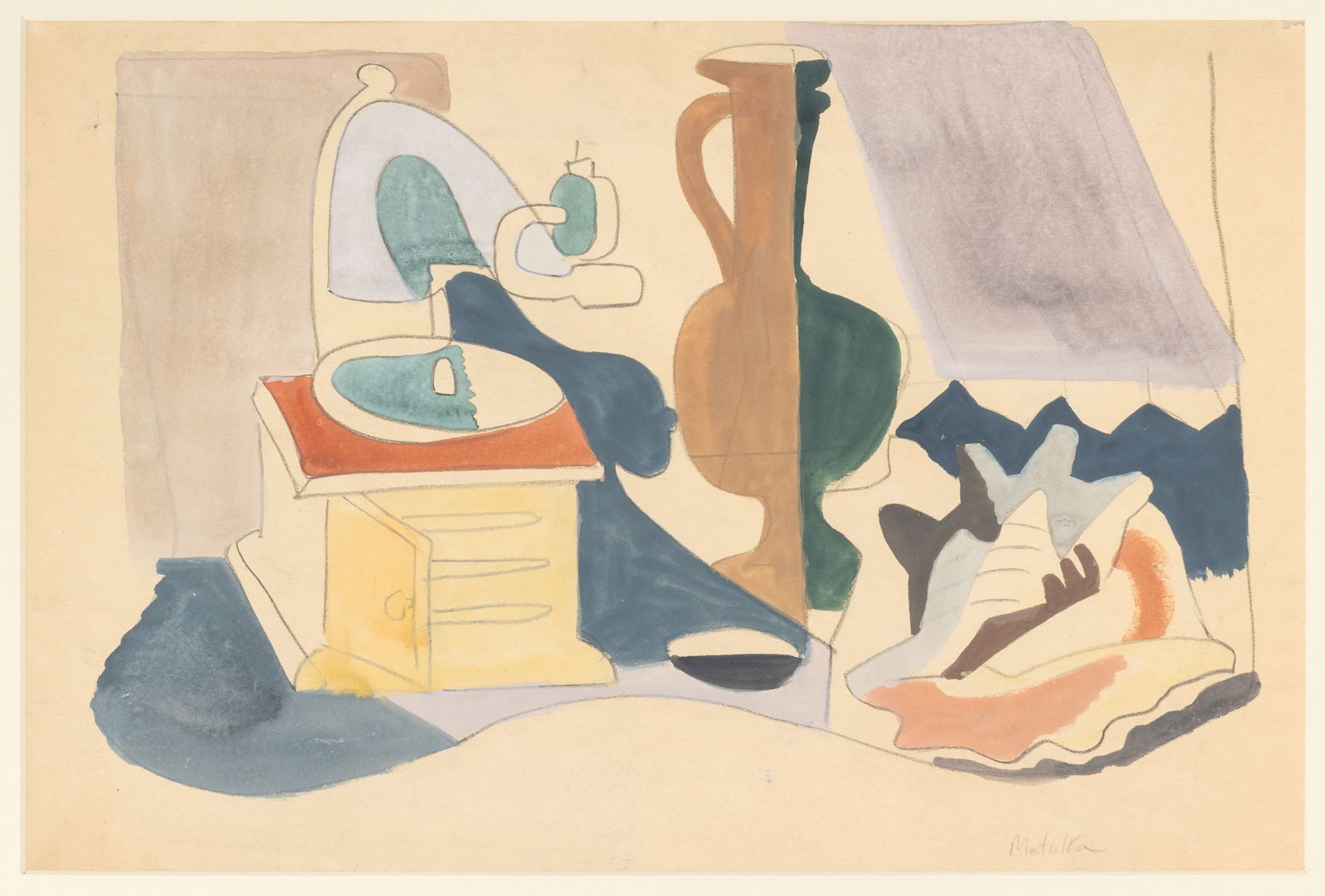 Jan Matulka Still Life with Shell Mixed Media: Jan Matulka (Czech/American, 1890-1972), Still Life Scene with Shell, Gouache, Watercolor, and Pencil on Paper, circa 1927, signed in pencil lower right, Odalisque to reverse, silvered wood frame.
