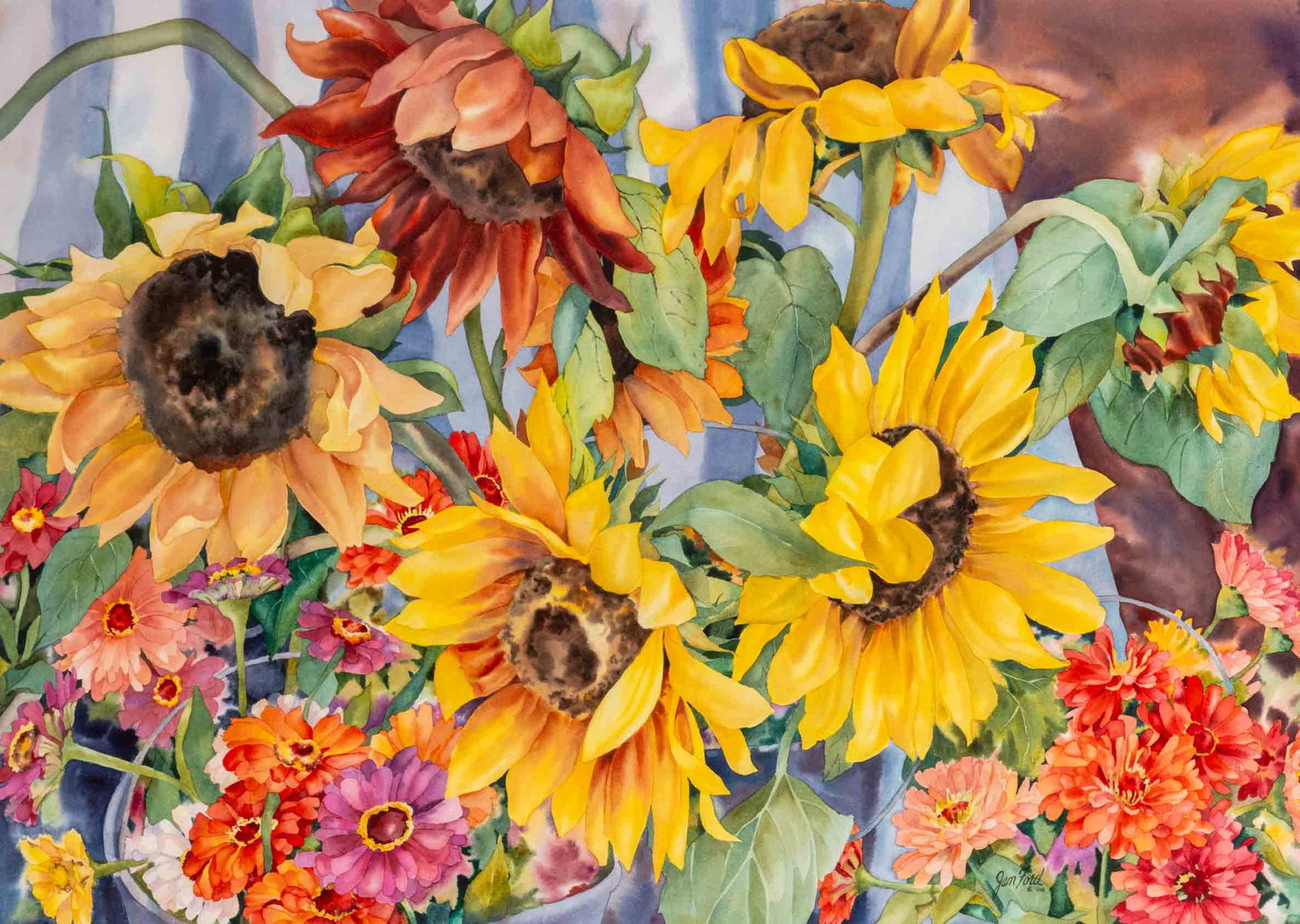 Jan Ford Sunflowers Watercolor, 2000: Jan Ford (American, 1936-2024), Sunflowers, Watercolor on Paper, 2000, signed and dated lower left, giltwood frame. Image: 28.5" H x 39.75" W; frame: 36.75" H x 48.5" W x 0.75" D. Provenance: From a