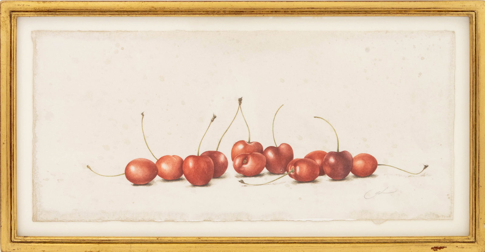 Gertrude Hamilton "Cherries" Watercolor, 2001: Gertrude Hamilton (Belgian/American, b. 1968), "Cherries", Watercolor on Paper, 2001, initialed in pencil lower right, Ursus Prints label verso, giltwood frame. Sheet: 5.75" H x 13" W; frame: 7.75" H