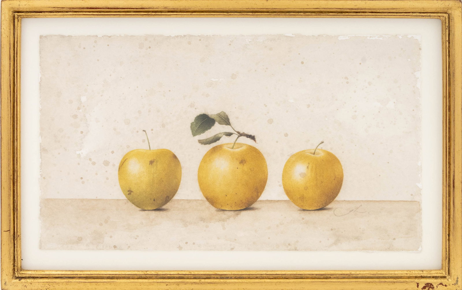 Gertrude Hamilton "Three Yellow Plums", 2001: Gertrude Hamilton (Belgian, b. 1968), "Three Yellow Plums", Watercolor on Paper, 2001, initialed in pencil lower right, Ursus Prints label verso, giltwood frame. Sheet: 5.625" H x 9.5" W; frame: