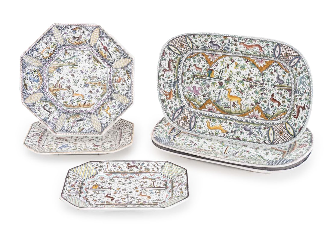Portuguese Meiselman Imports Serving Platters, 6: Set of Six Portuguese Meiselman Imports Porcelain Serving Platters, with allover wildlife motif, comprising: (3) three rectangular, (2) two rectangular with canted corners, and (1) one octagonal, each