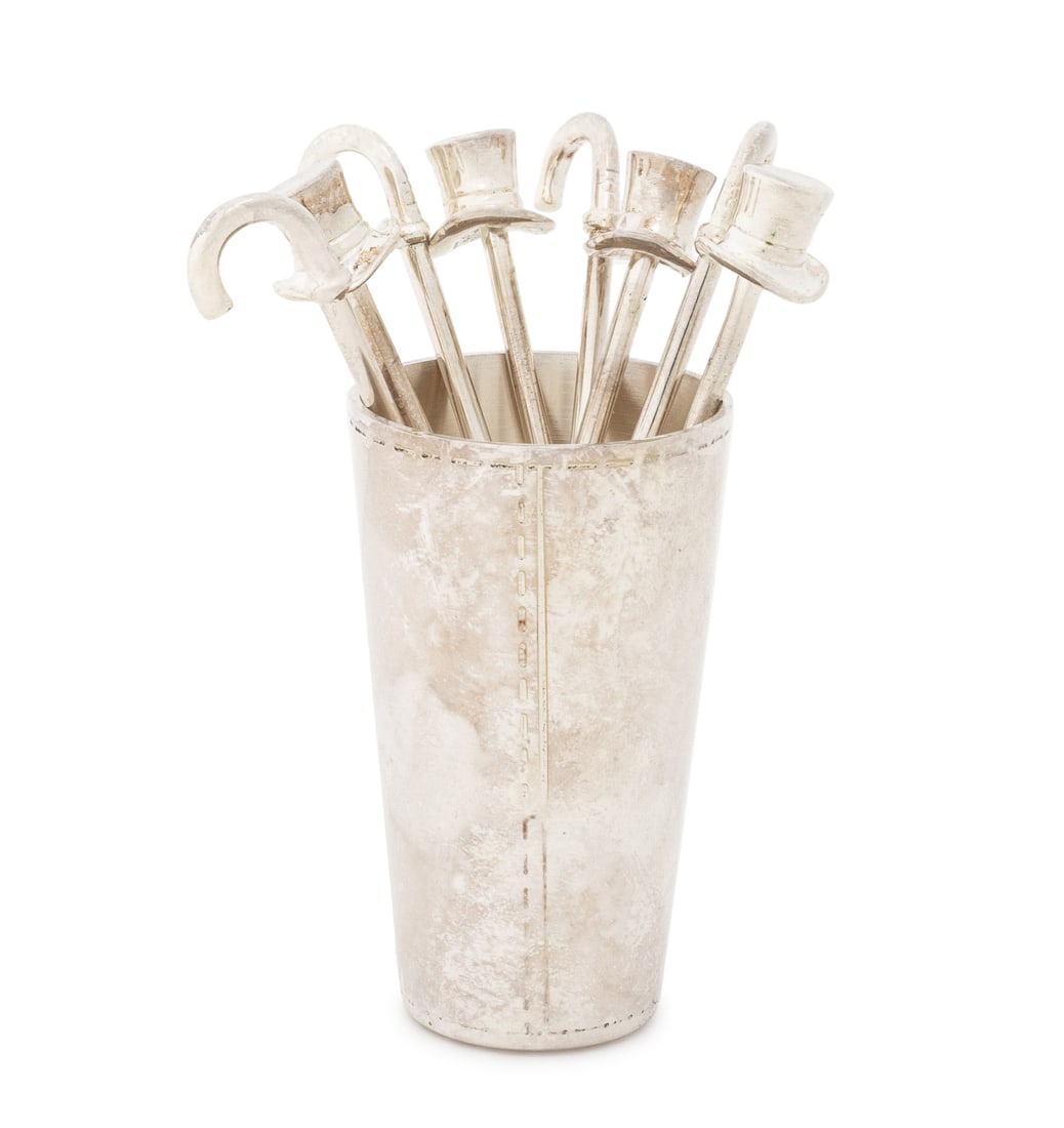 Ralph Lauren Silver Plate Cocktail Pick Set, 9 Pcs: Ralph Lauren Silver Plate Cocktail Pick Set, comprising: four (4) with top hats and four (4) with canes in (1) cylindrical beaker, marked "Ralph Lauren" to undersides. Nine pieces in total. Overall: 3