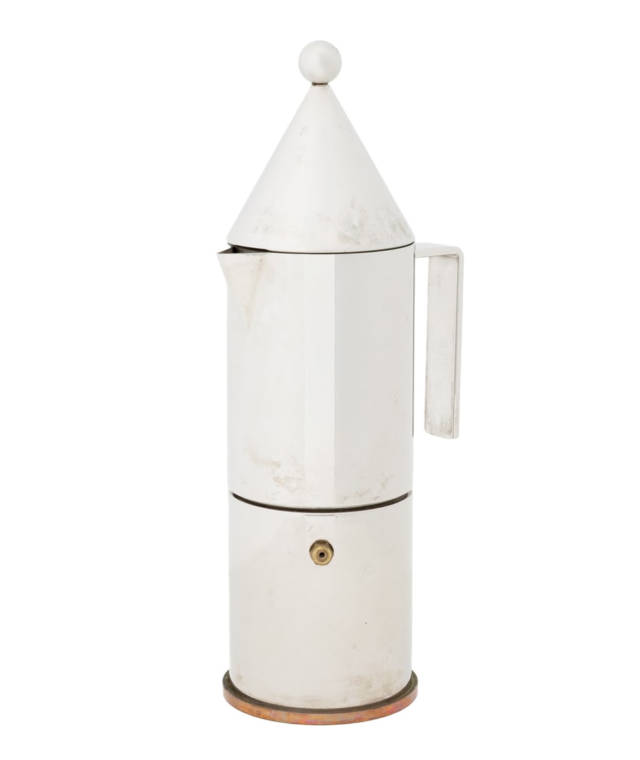 Aldo Rossi "La Conica" Espresso Maker: Aldo Rossi for Alessi "La Conica" Stainless Steel Espresso Maker, in original box. Overall: 12" H x 5.25" W x 4" D. Provenance: From a 35 Sutton Place Estate. Keywords: Designer, Postmodern design, It