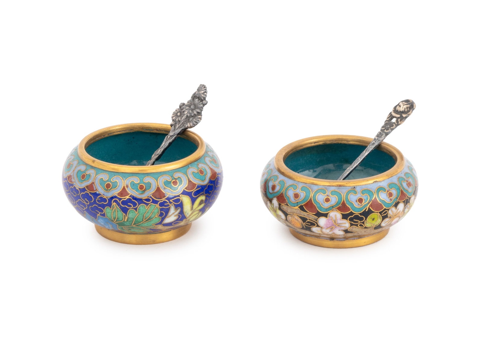 Chinese Cloisonne Cellars & Silver Spoons, Pair (1 of 12)